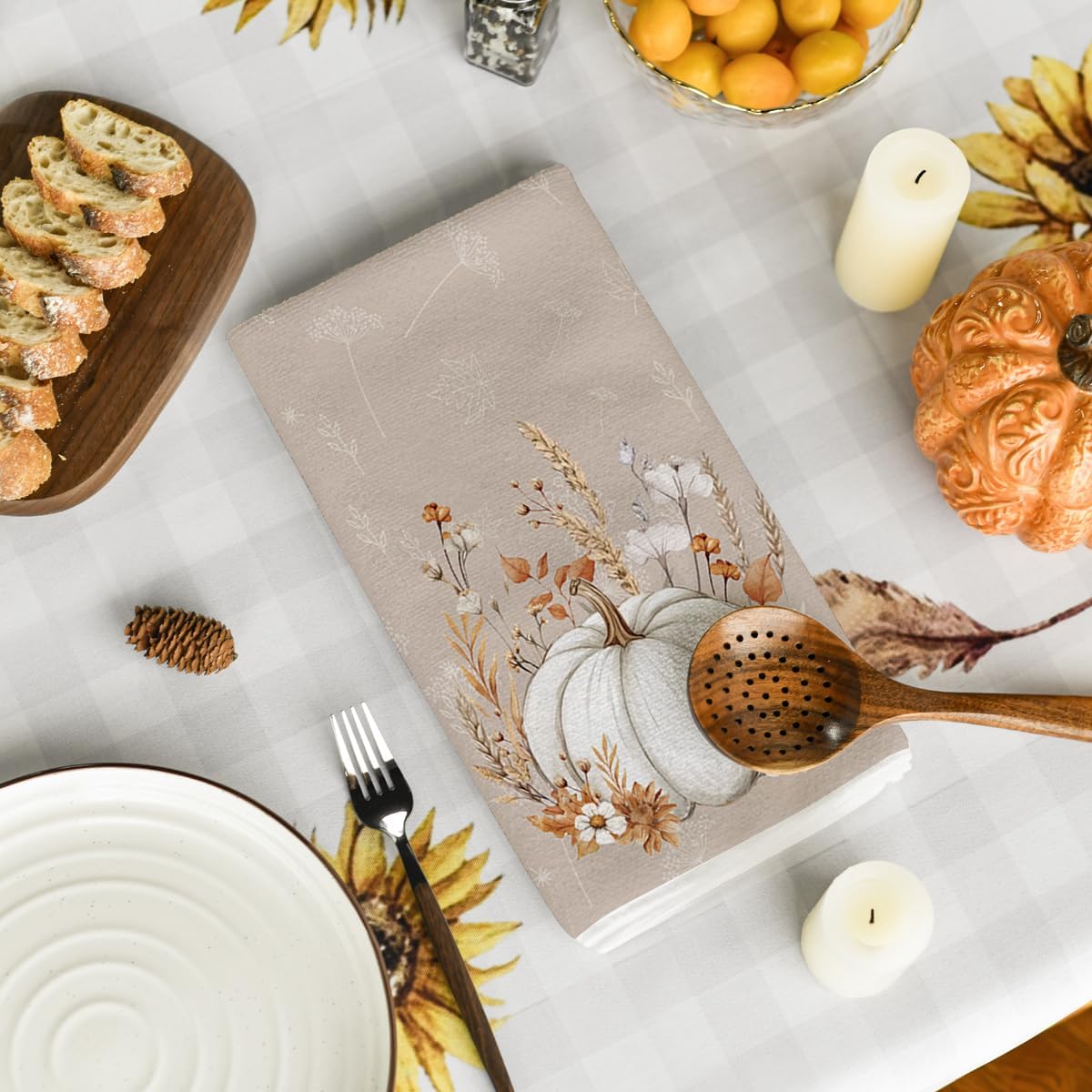 Artoid Mode Grey Pumpkin Fall Kitchen Towels Dish Towels, 18x26 Inch Farmhouse Flowers Wildflower Decoration Hand Towels Set of 2 - Image 4