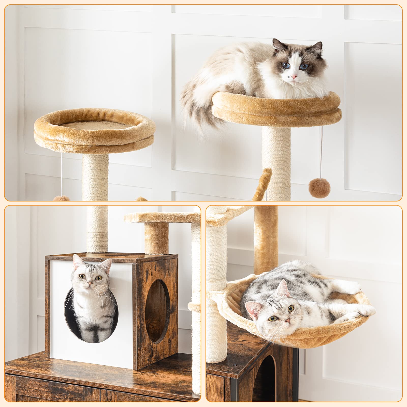 HOOBRO Arbre avec Maison de Litière en Bois avec Tour pour Chat, Bâton taquin à Pompon Amovible, Piliers en Sisal, Marron Rustique EBF14MZ03