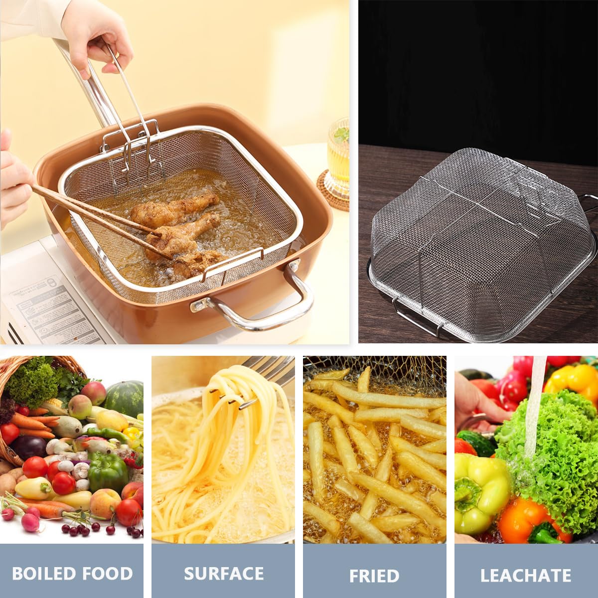 Cesta de acero inoxidable para freír, malla de alambre redonda para freír patatas fritas, cesta multifuncional plegable con asas plegables para cocina, freír pastas y espaguetis