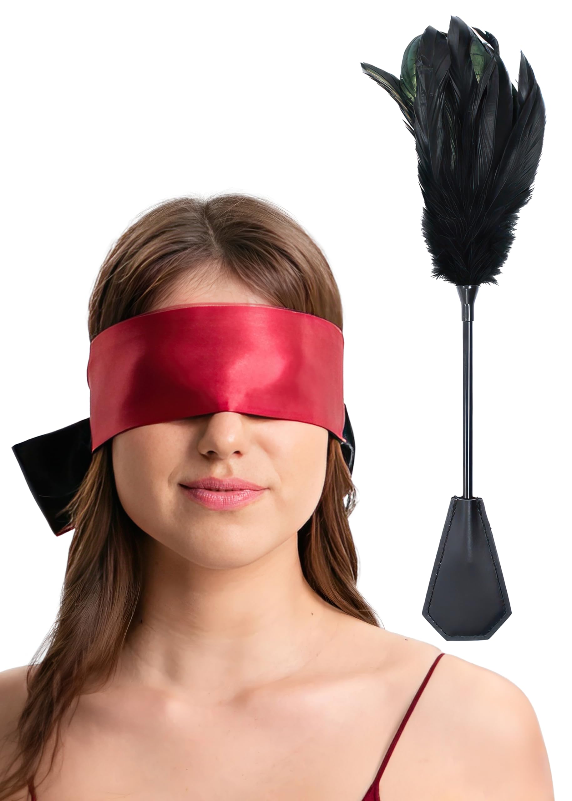 BDSM Adult Spanking Feather Tickler 16 inch Sex Blindfold Eye Mask 59" for Sex Play, Sexy Bondage Restraints Fetish Toys - 2pcs Sex SM Starter Kit: Red Mask Feather