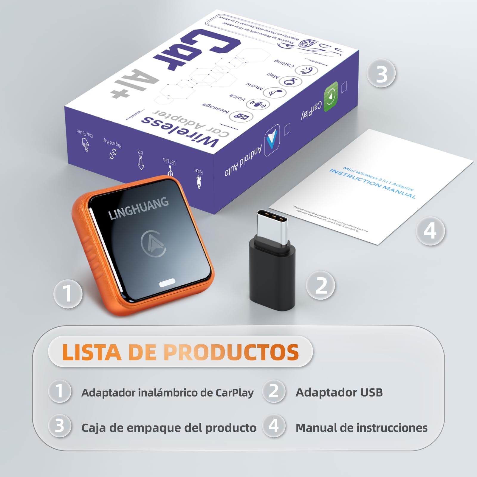 LINGHUANG Adaptador Carplay Inalambrico & Adaptador Android Auto Inalambrico, Convierte de Cableado a Inalámbrico, Plug & Play, Conexión Rápida y Estable, Compatible con iOS 10+ & Android 11+(Naranja)