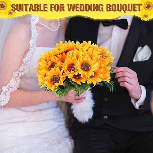 Miniatura 3 de Yuxung 8 ramos de girasoles falsos, flores artificiales de 11.8 pulgadas con tallos para baby shower, fiesta de cumpleaños, hogar, cocina,