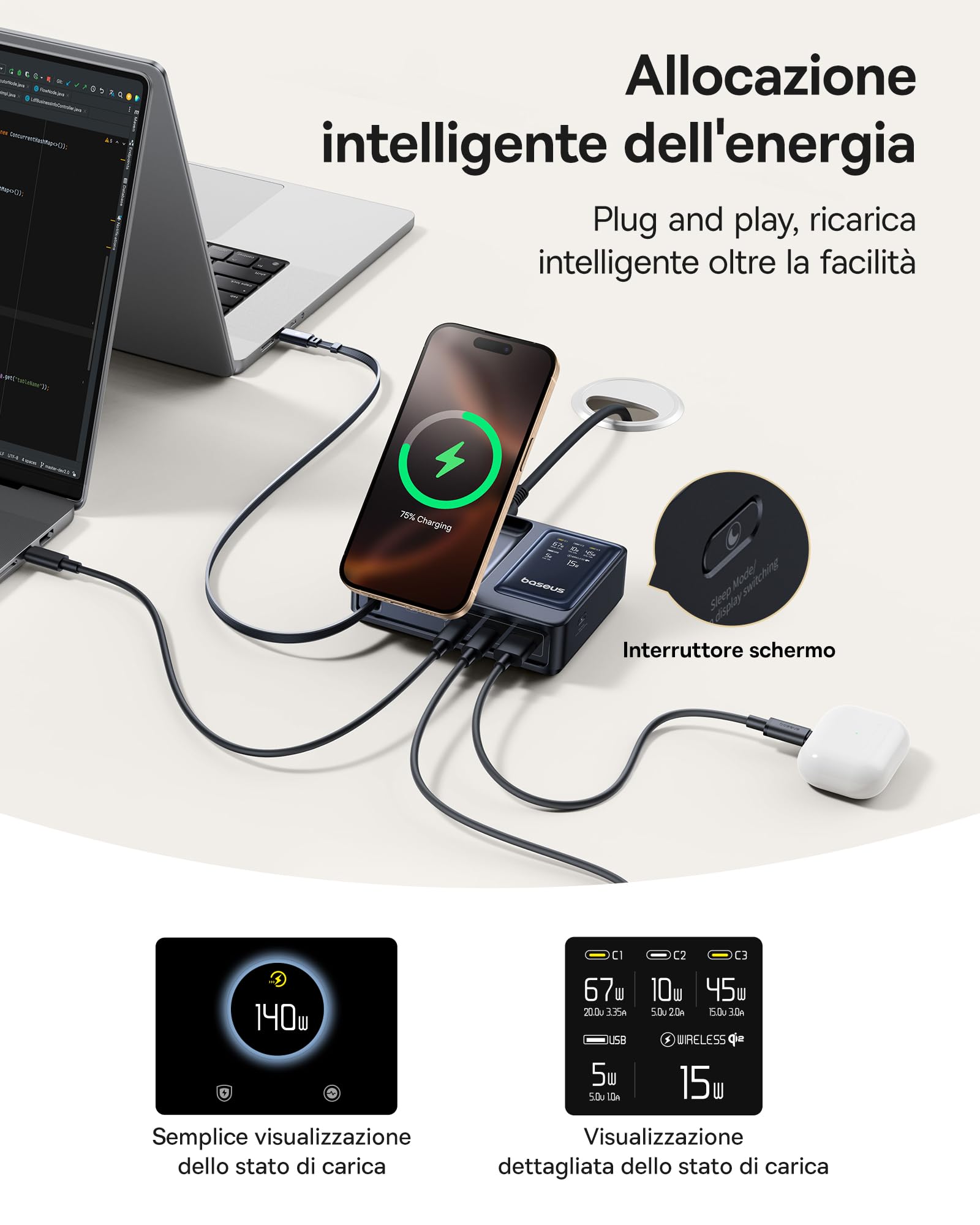 Baseus NOMOS 5 in 1 Stazione di Ricarica, 140W Caricatore con MagSafe Qi2.0(15W), Cavo Retrattile Tipo C, 2 USB-C, 1 USB-A, Display Digitale, per iPhone/MacBook/Samsung