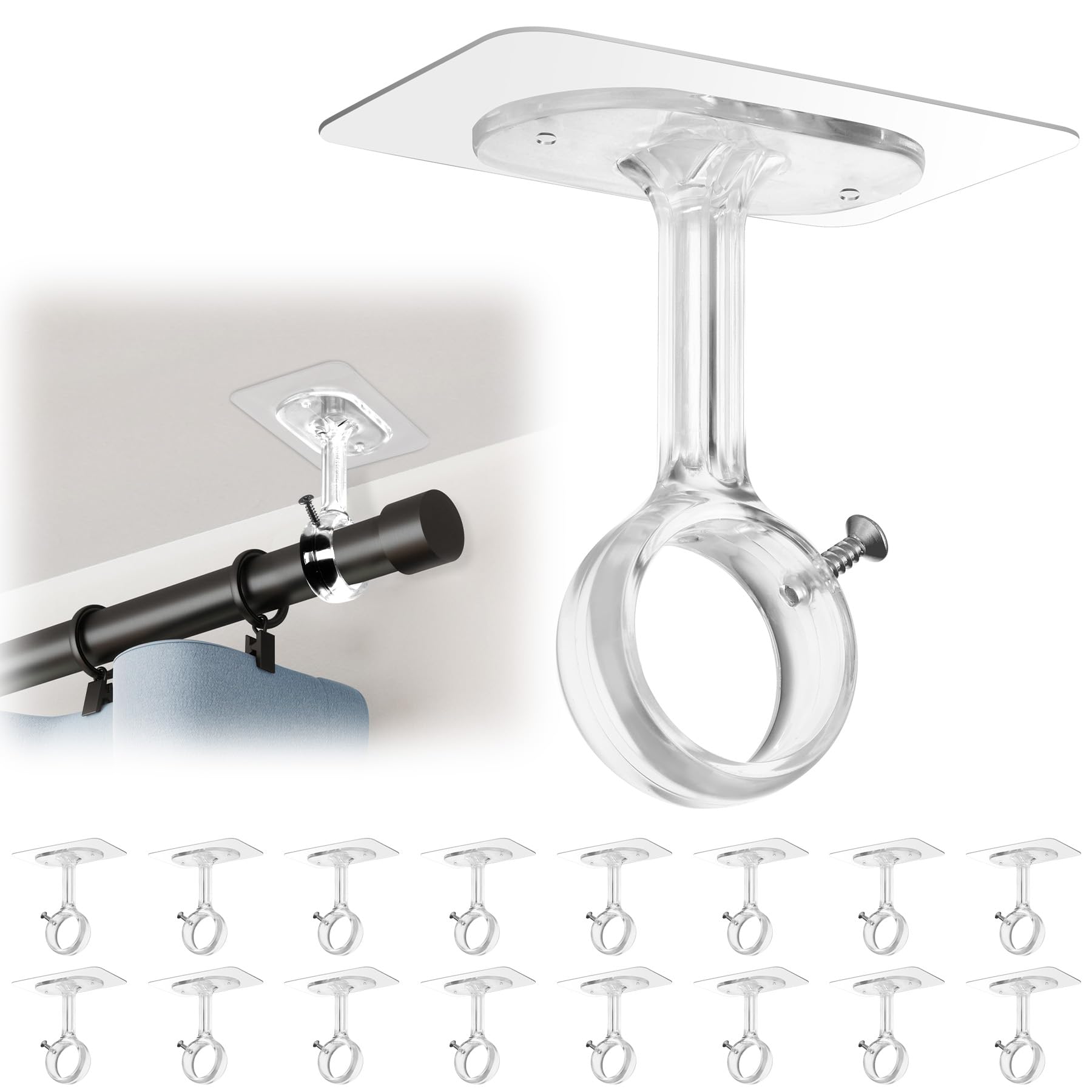 MUAKIOY 16 Pack No Drill Curtain Rod Brackets, Ceiling Mount Adjustable Adhesive Curtain Rod Holders, No Hole Curtain Hangers for Bathroom Kitchen