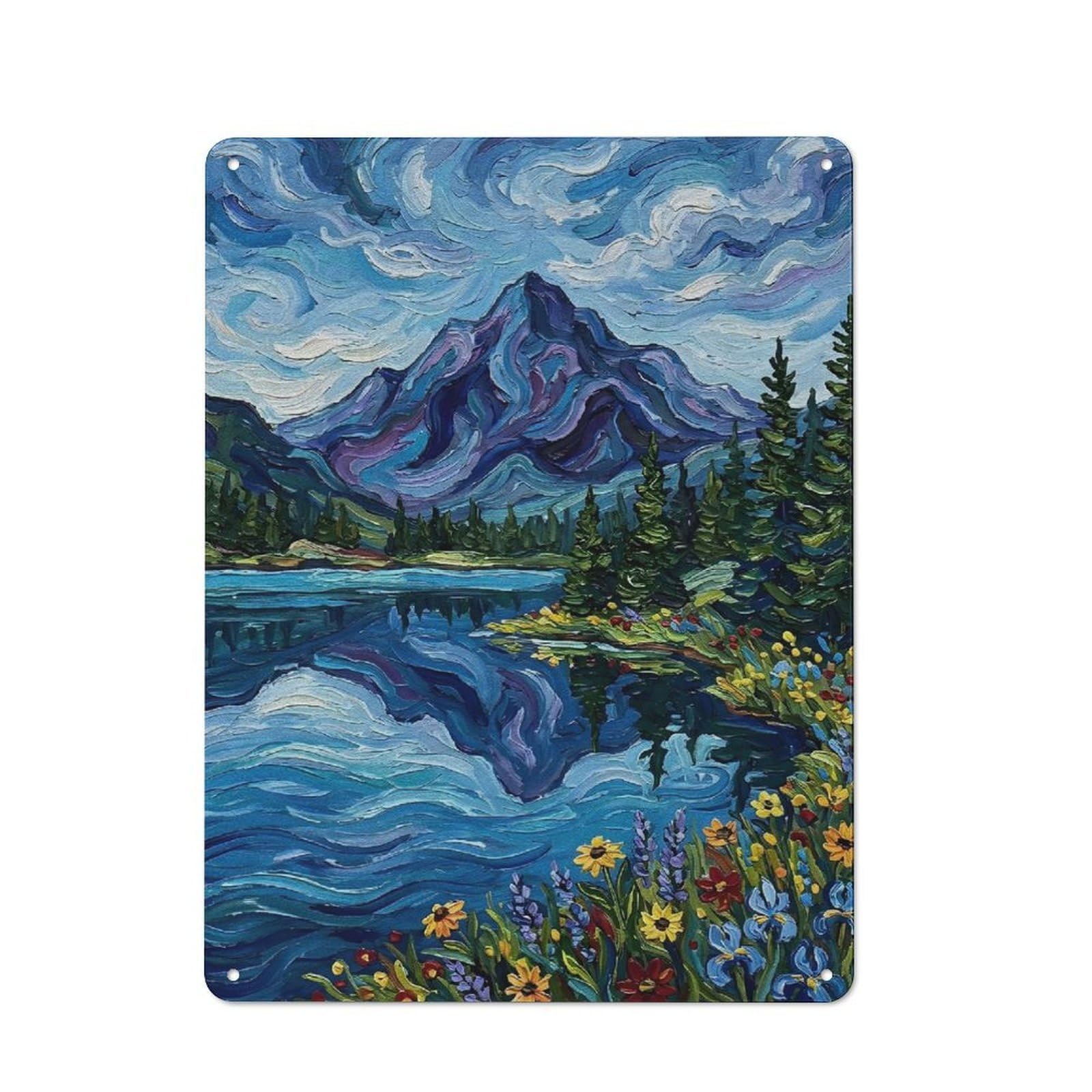 Junmoney Style Creative Impressionist Mountain Lake Landscape Tin Sign 40X30cm, Study Room Decor For Workspace, Cafe, Shop Or Desk Area
