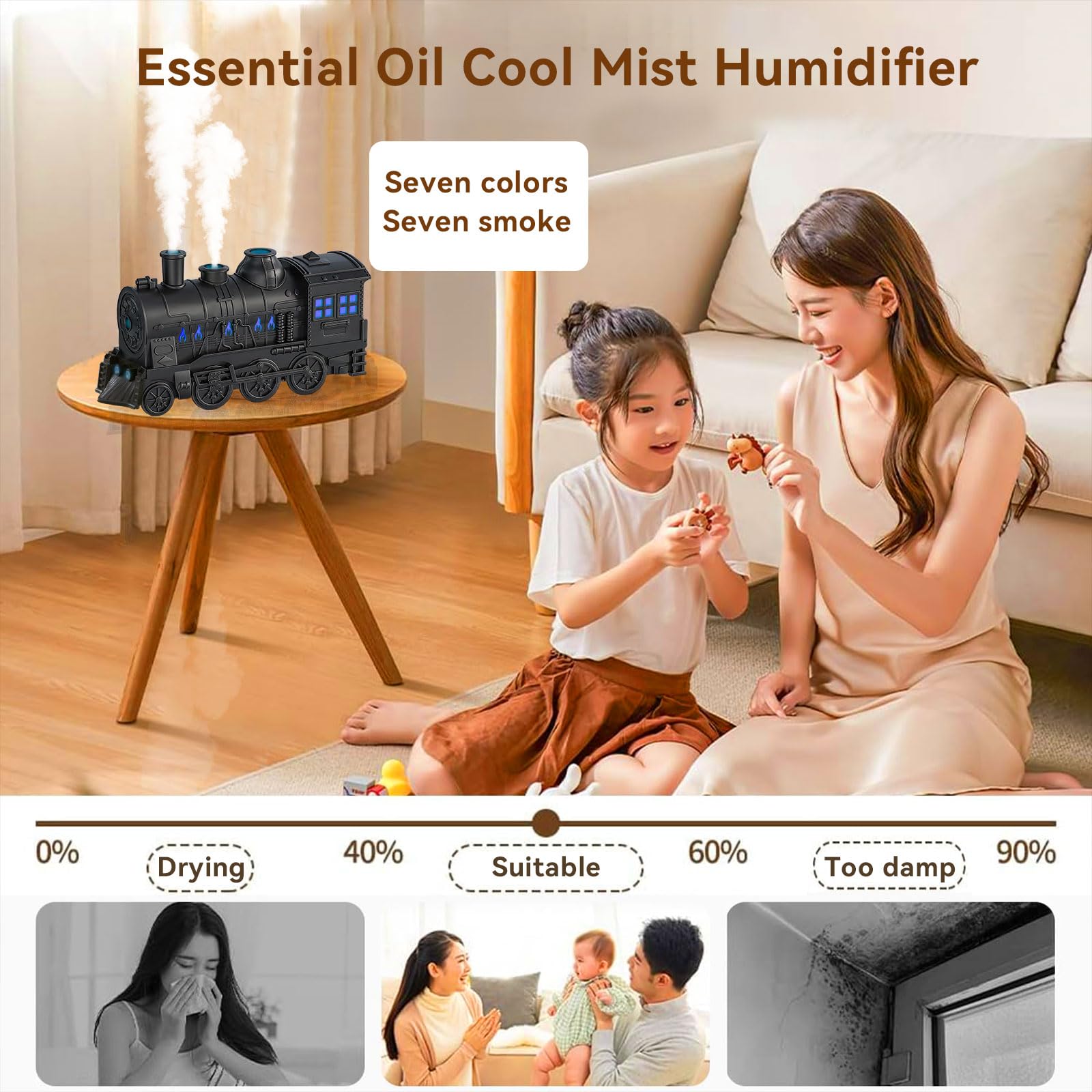 Diffusori per oli essenziali, 300 ml, diffusore Magic Train, grande diffusore per aromaterapia con telecomando, umidificatore ad ultrasuoni con spegnimento automatico, per ufficio e camera da letto