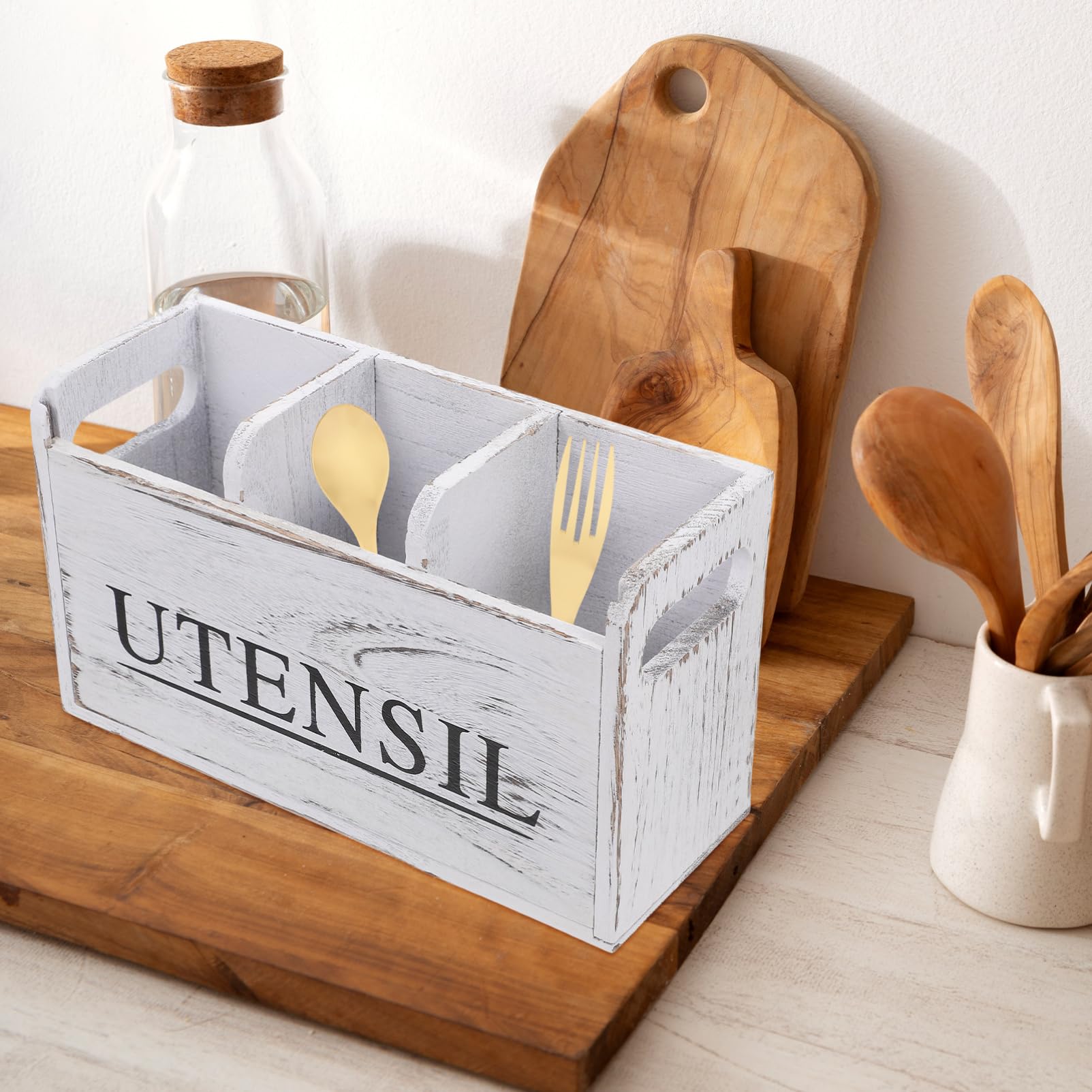 Healifty Porta Cubiertos Grande de Madera con Compartimentos Blanco Rústico | Organizador de Cubiertos para Mesa, Uso en Estudio y Escritorio, Diseño Multifuncional de Estilo Elegante