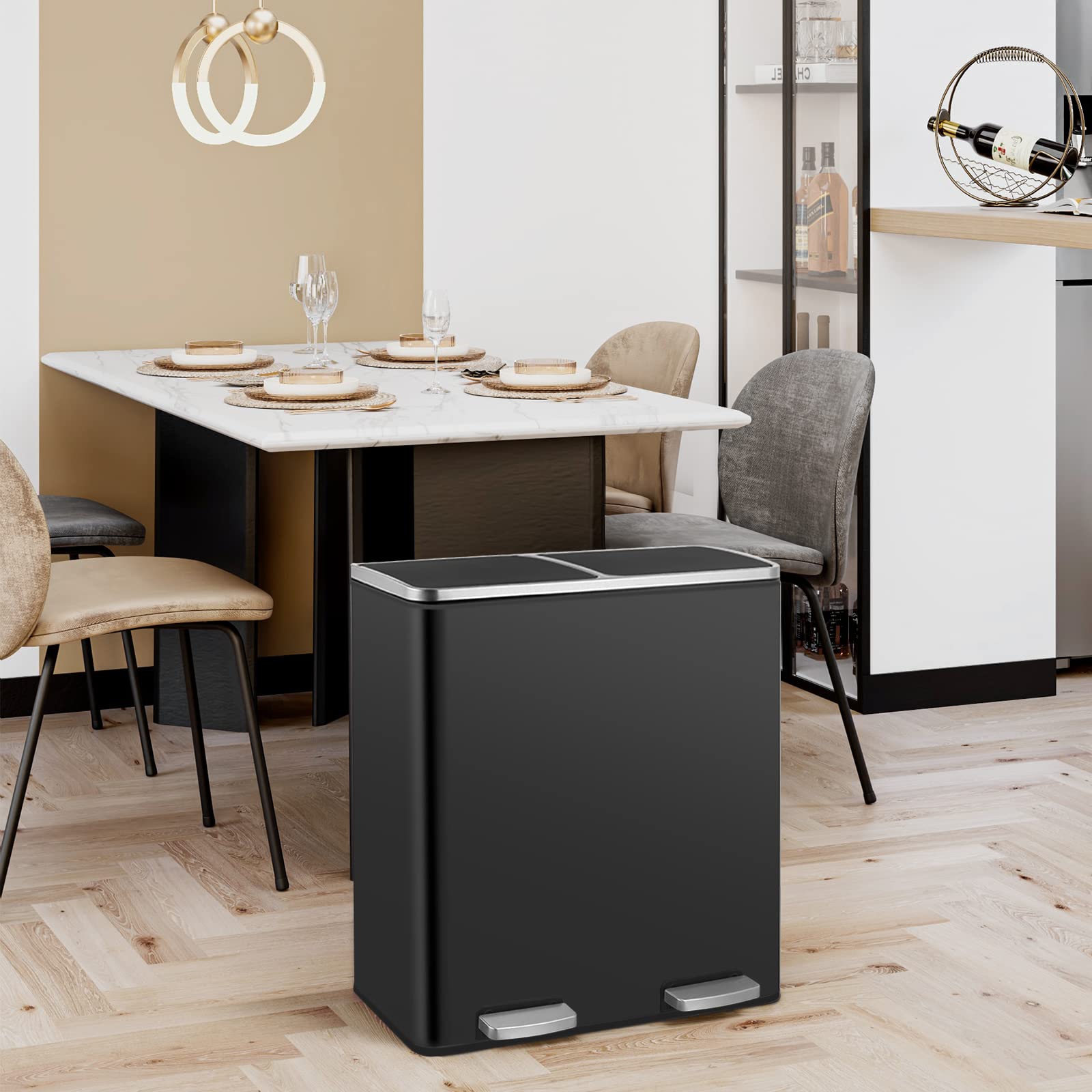 finetones Dual Step Trash Can, 16 Gallon (30L) Stainless Steel Garbage Can with 2 Soft-Close Lid and 2 Removable Inner Wastebasket, Bin Body with Handle for Kitchen, Home Office, Black