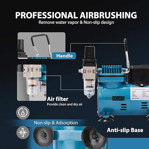 Miniatura 3 de VIVOHOME Kit de aerógrafo con compresor de aire profesional de 1/5 HP y 3 pistolas de aerógrafo de doble acción, alimentación por gravedad y sifón,