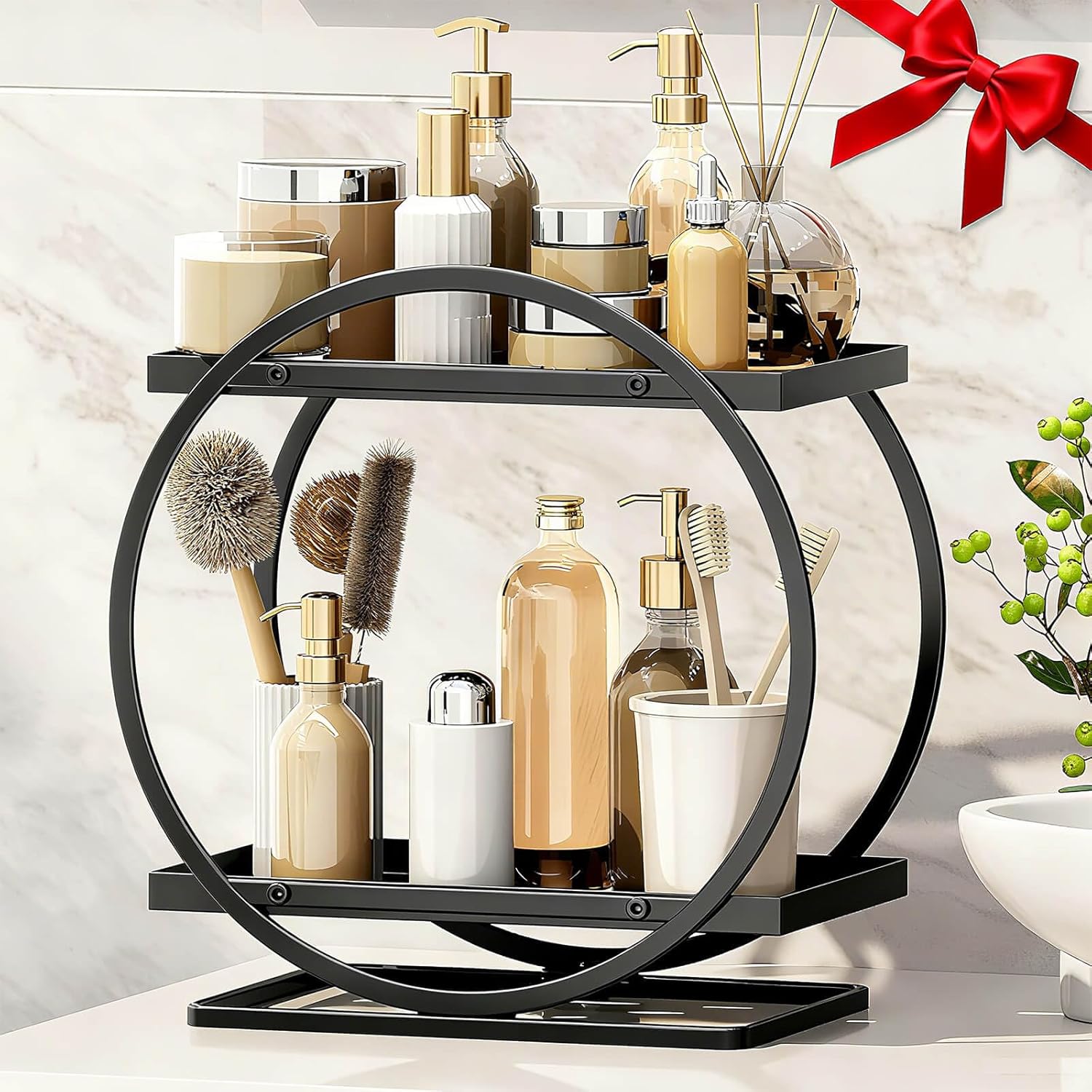 Bathroom Counter Organizer, Black Perfume Organizer for Dresser, 2 Tier Bathroom Organizer Countertop, Vanity Makeup Organizers, Skincare Display Tray for Bathroom Sink Storage Black, Circular
