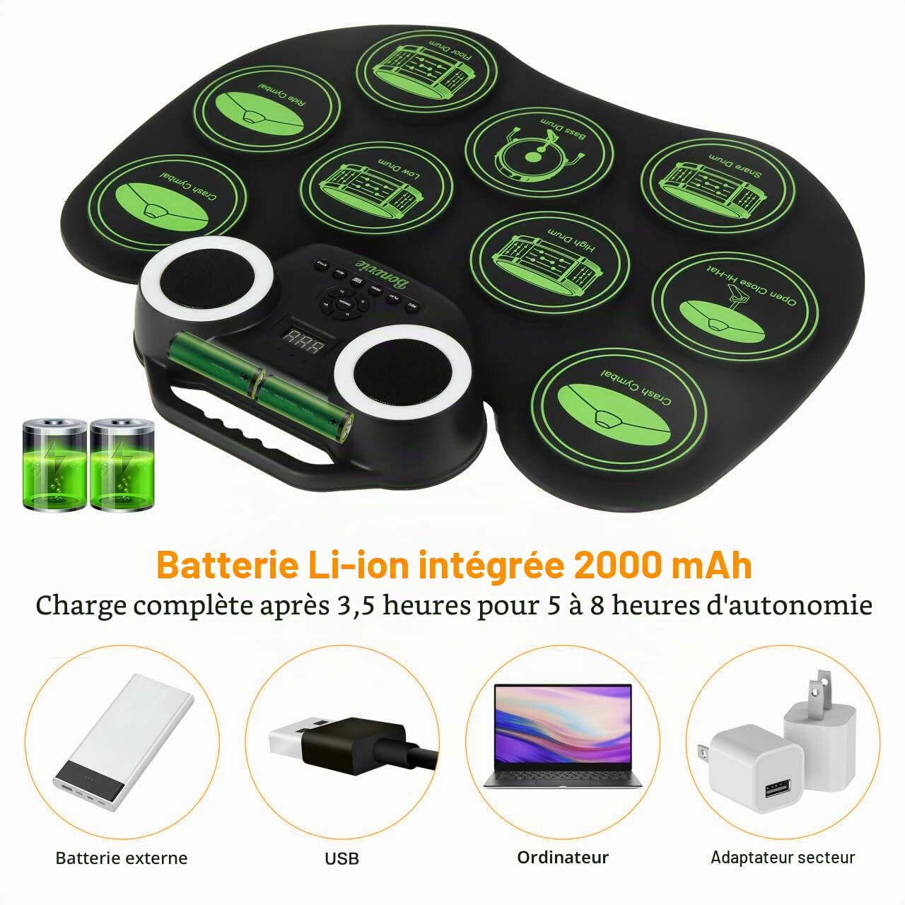 Batterie Électronique Drum Set, Bonvvie Roll Up Tambour Techargeable avec 9 Pads, MIDI, DTC, Haut-parleurs Intégrés, Idéal pour les Étudiants Débutants Amateurs Adulte Noël Anniversaire