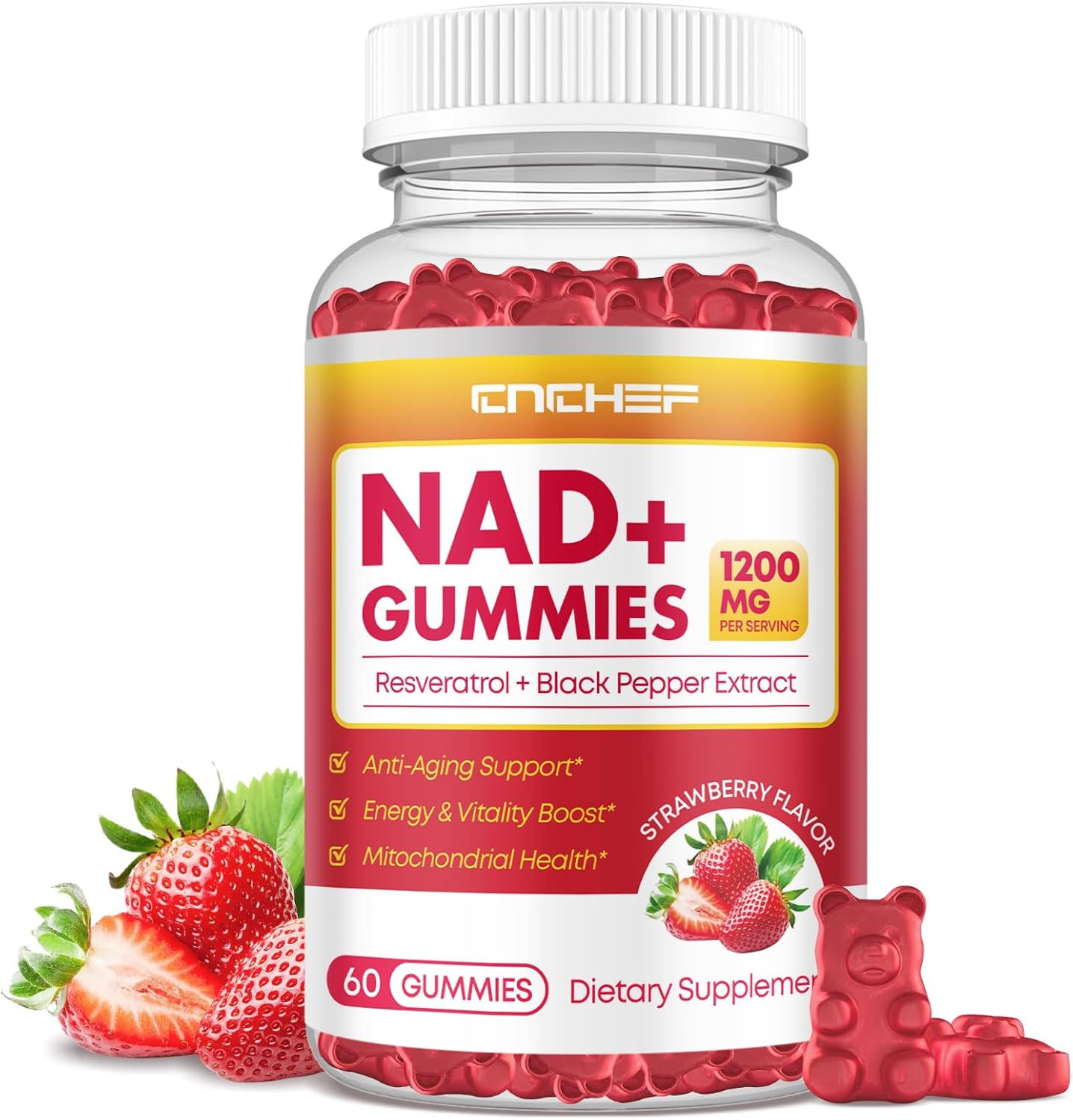 NAD+ Gummies, 1200mg Liposomal NAD Supplement for Women & Men with Trans-Resveratrol & Black Pepper Extract Anti-Aging Supplement, Brain & Cellular Mitochondrial Health - 60 Gummies Strawberry