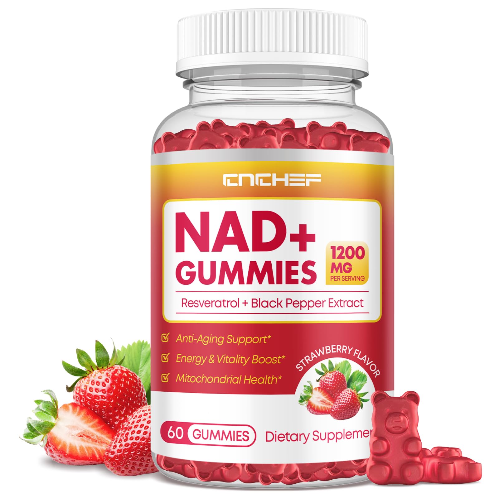 NAD+ Gummies, 1200mg Liposomal NAD Supplement for Women & Men with Trans-Resveratrol & Black Pepper Extract Anti-Aging Supplement, Brain & Cellular Mitochondrial Health - 60 Gummies Strawberry Strawberry 60 Count (Pack of 1)