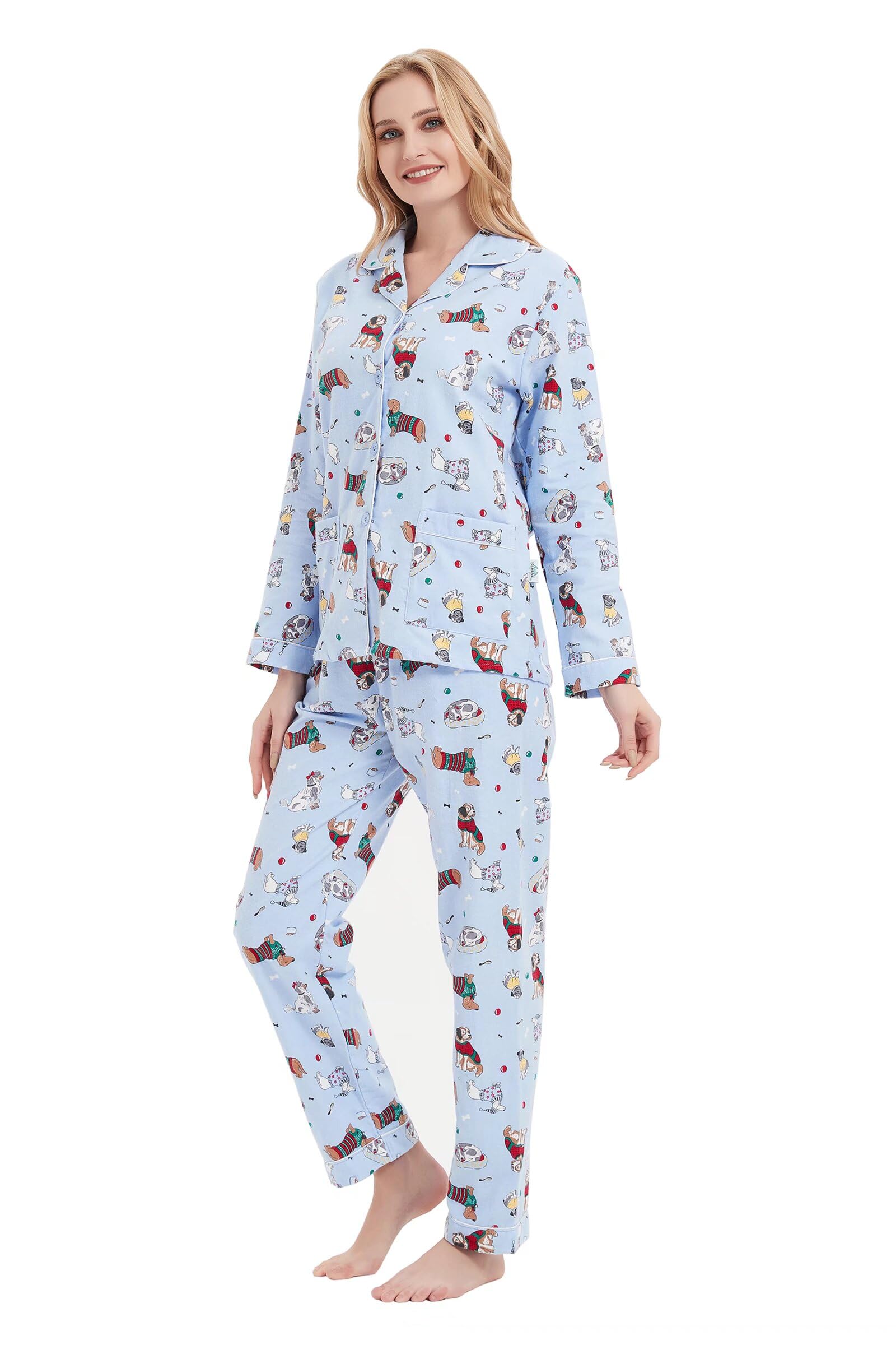 GLOBAL Women's Flannel Pajamas Set 100% Cotton PJs for Women Long Sleeve Button Drawstring Waist Warm Loungewear Sleepwear