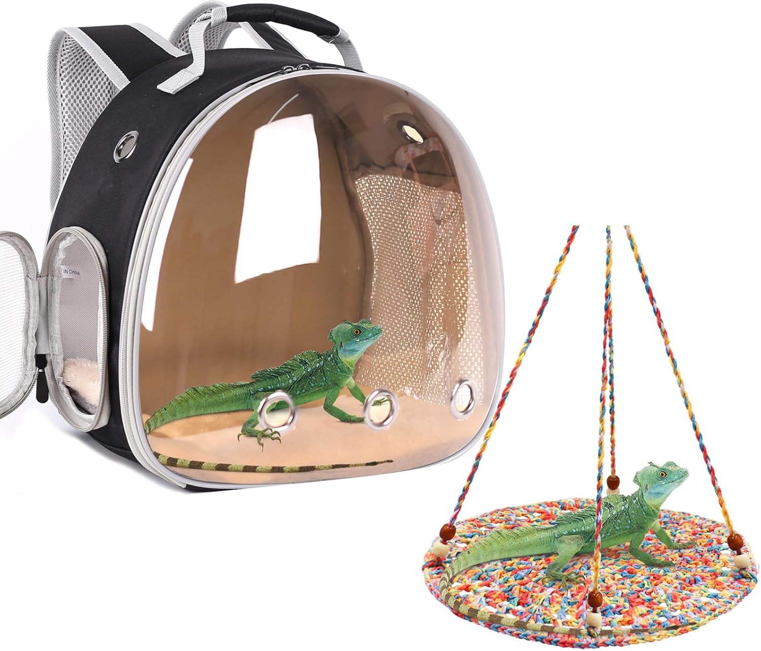 Bearded Dragon Backpack Carrier with Soft Warm Mat+Reptile hammack