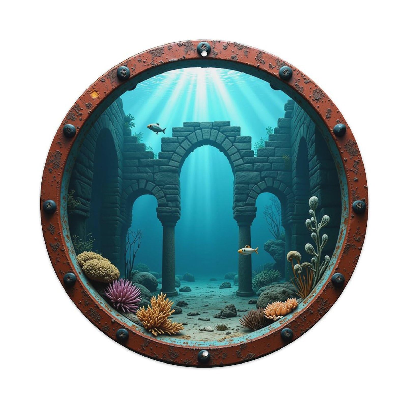 Underwater Ruins Through Porthole View Vintage Round Tin Sign Retro Metal Wall Decor Metal Poster, Home Bar Garage Cafe Wall Art Decoration 8x8Inches