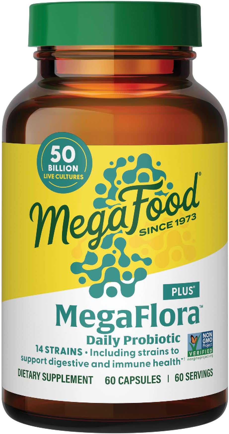 MegaFlora Probiotic Plus - Probiotics for Women and Men Digestive Health - 50 Billion CFUs & 14 Strains - Immune Support Supplement - Vegetarian - 60 Capsules