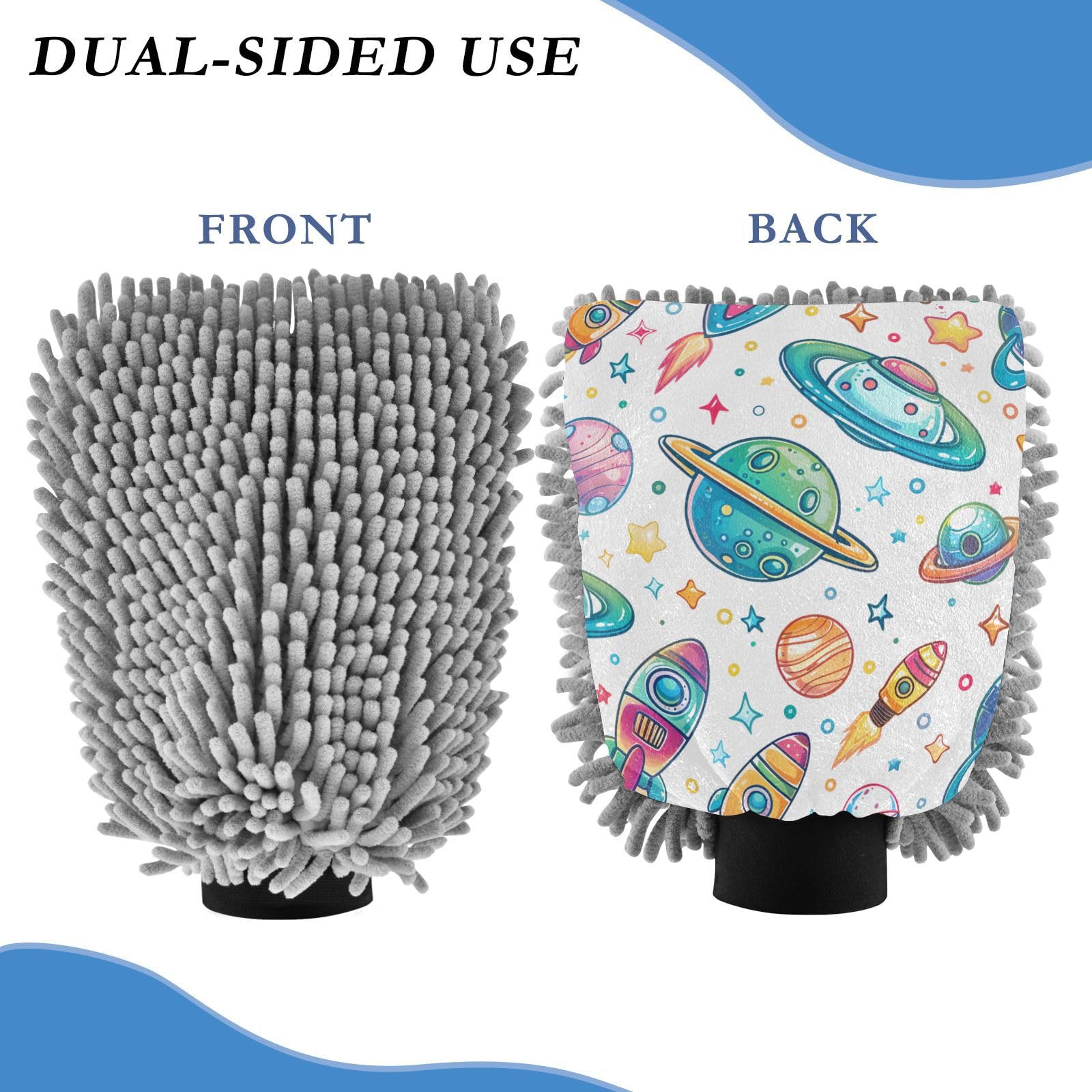 IOACIY Absorbent Microfiber Car Wash Drying Mitts, 2 Pack, Scratch-Free & Lint-Free, Rich Foam, Highly Absorbent, Double Sided, Wash Mitt Perfect for Car Washing, M, Universe Starry Sky Rocket (1)