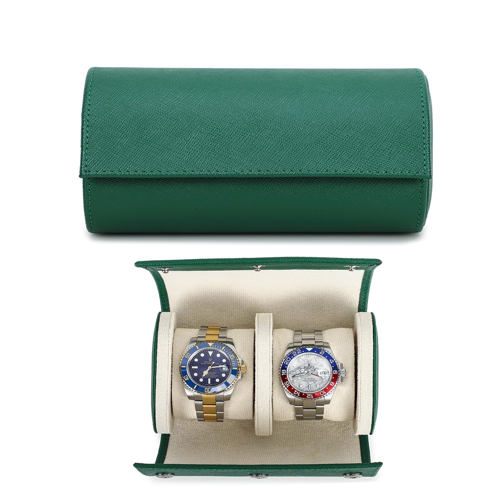 NFBCXUTKW Hiram Watch Travel Case 2 Watches Storage Roll Case Genuine Saffiano Leather Travel Watch Organizer Box (Green)