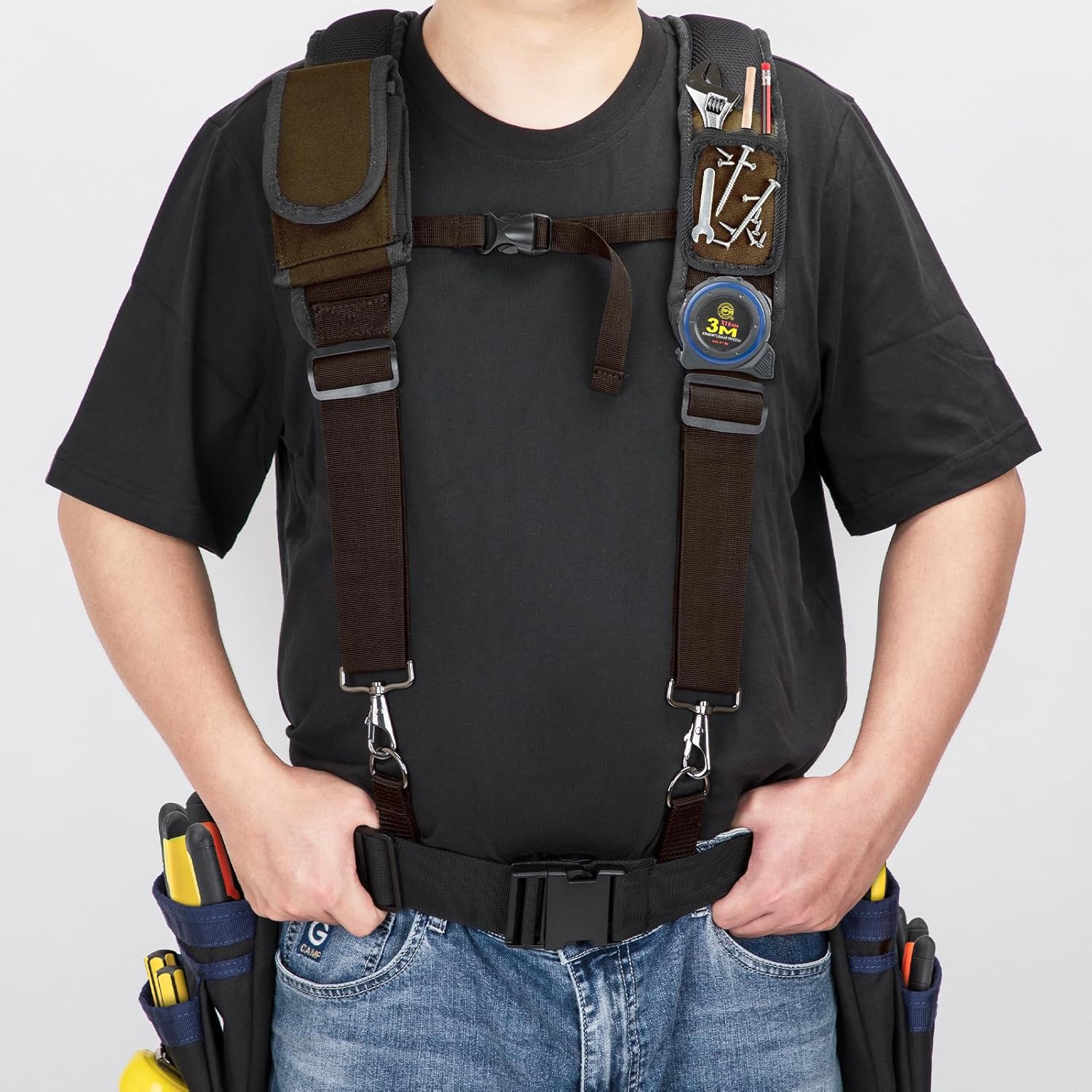 Tool Belt Suspenders for Men, Adjustable Padded Carpenter Tool Belt with Magnetic WristBand Multifunctional Pouch Pocket for Construction Workers (Brown) - Image 6
