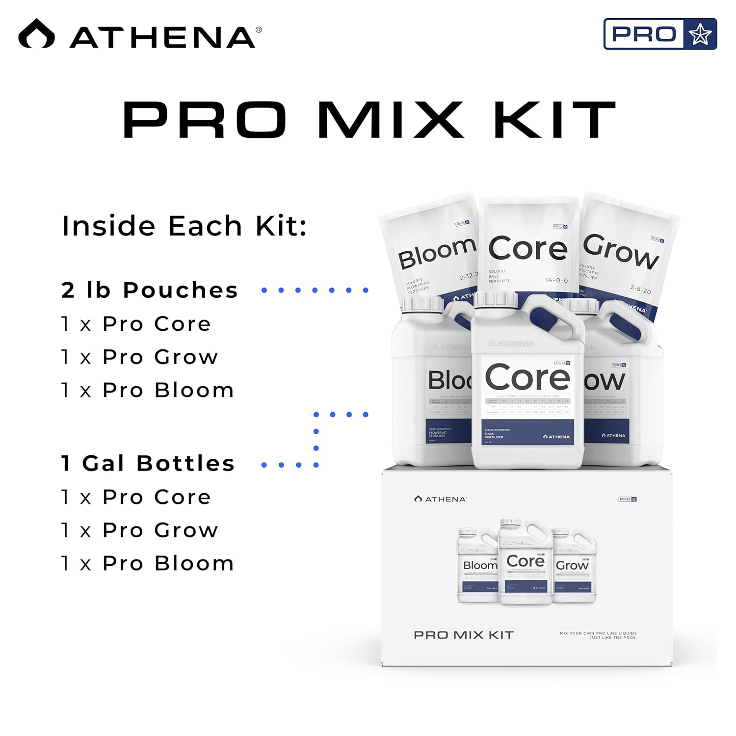 Athena Pro Hydroponic Nutrients Kit with Mixing Jugs | 3-Part NPK Fertilizer | Pro Grow, Bloom & Core | Dry Soluble Plant Food for Veg & Flowering | 2lb Nutrients, 1 Gallon Containers