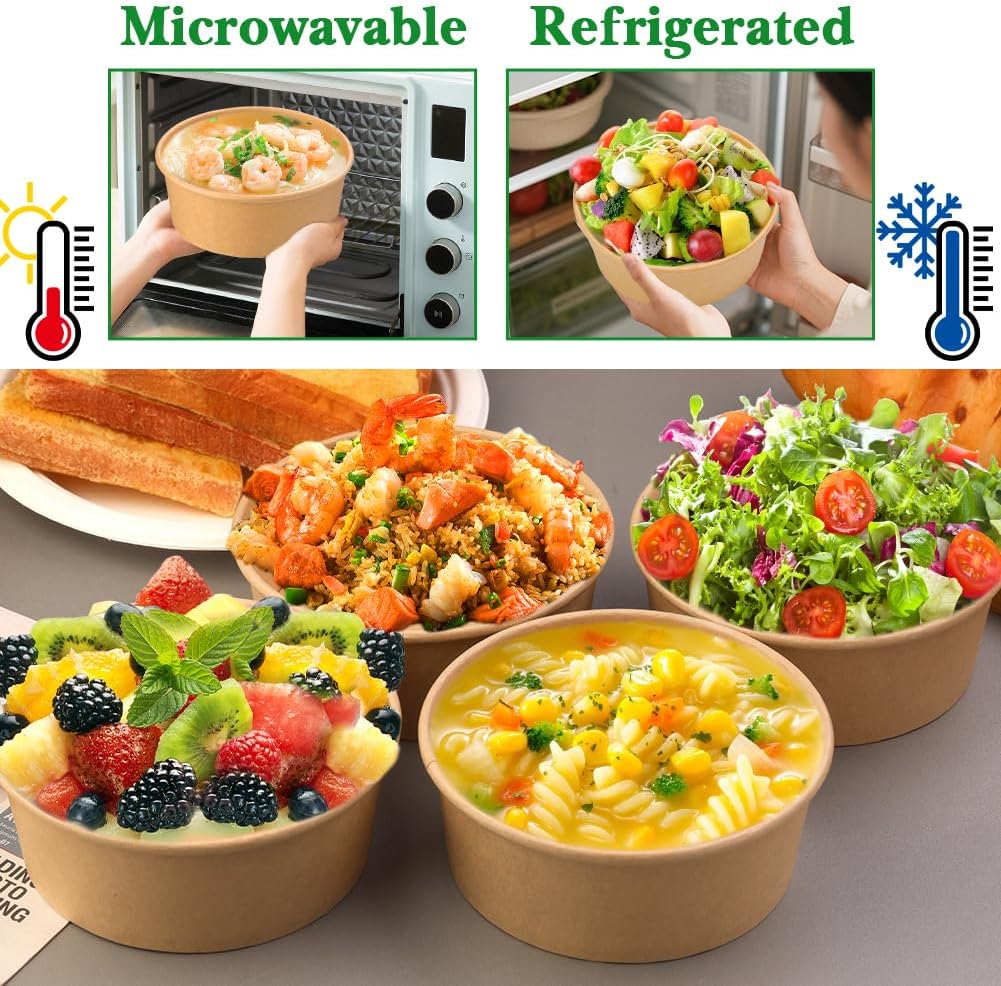37 Oz Large Disposable Paper Bowls with Lid, 50 Pack Paper Salad Bowls, Kraft Food Container, Disposable Salad Containers for Hot/Cold Soup, Party Supplies