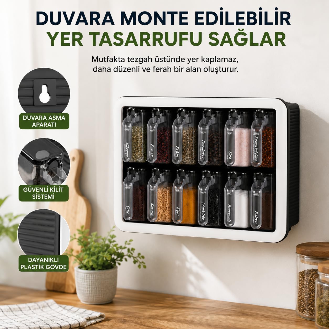 Kendinden Yapışkanlı Baharatlık Seti, 12'li, Kaşıklı Kapaklı,Etiketleri ile Gönderilir Siyah Beyaz