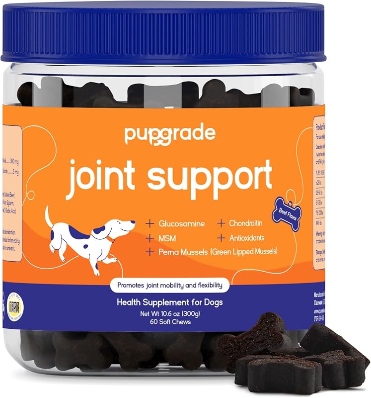 Suplemento para Cães com Glucosamina, Condroitina e Mexilhão-Verde, Sabor Carne PupGrade – 60 Mastigáveis Macios
