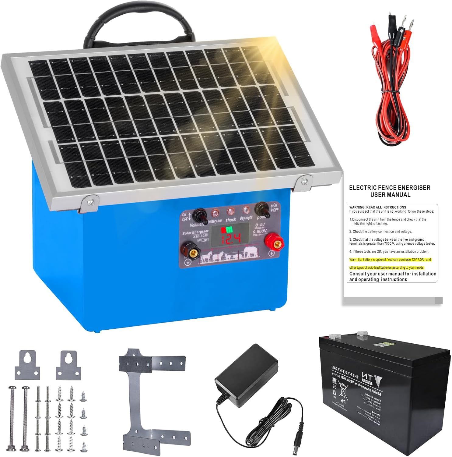 20 Miles Solar Electric Fence Charger,0.5 Joule Electric Fence Kit with 7.5W Solar Panel/7Ah Battery, IP65 Waterproof,Up to 9.5KV Output Portable Solar Fencer for Livestock Poultry