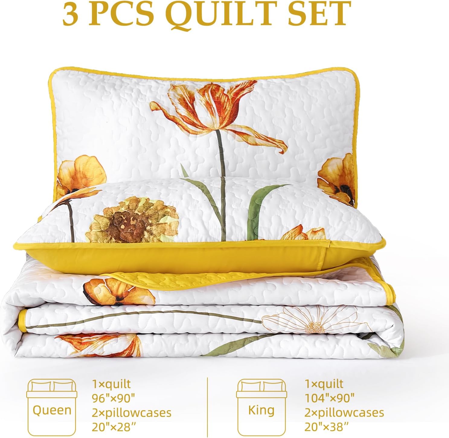 WONGS BEDDING Yellow Quilt Set Queen Size, Colorful Floral Quilt Set with 2 Pillowcase, Lightweight Spring Summer Farmhouse Coverlet Set for All Season (96"x90") - Image 7