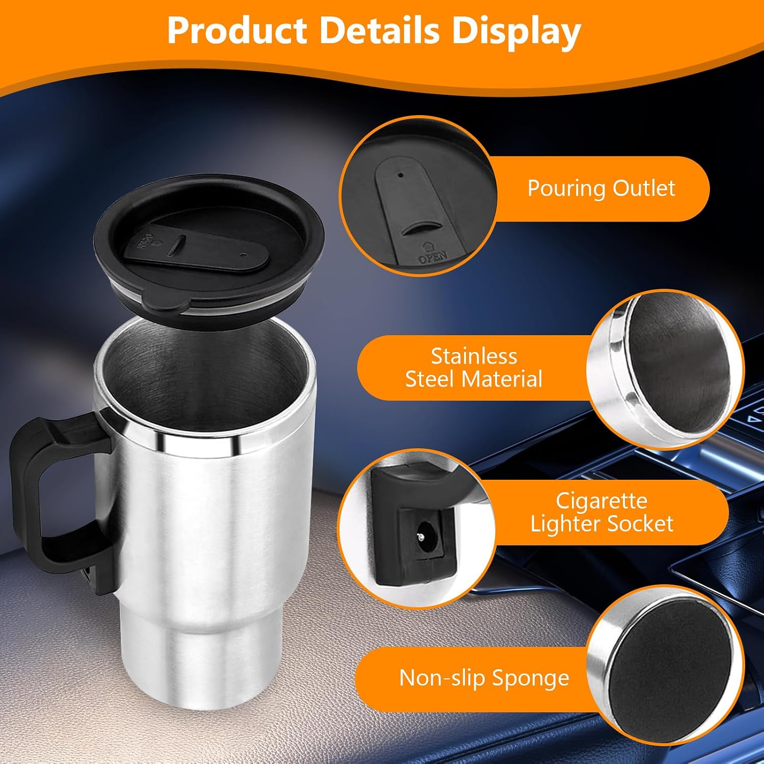 12v Car Heated Mug, 450ml Stainless Steel Travel Heated Mug, Portable Vacuum Insulation Car Mug, Universal for 12v Power Supply Car