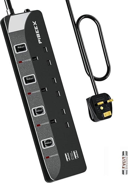 5M Extension Lead With USB, 13A 3250W 3 Way Power Strip with 2 USB Multi Power Plug Extension 5 Meters Long Extension Cord Black Power Strip for Home Office
