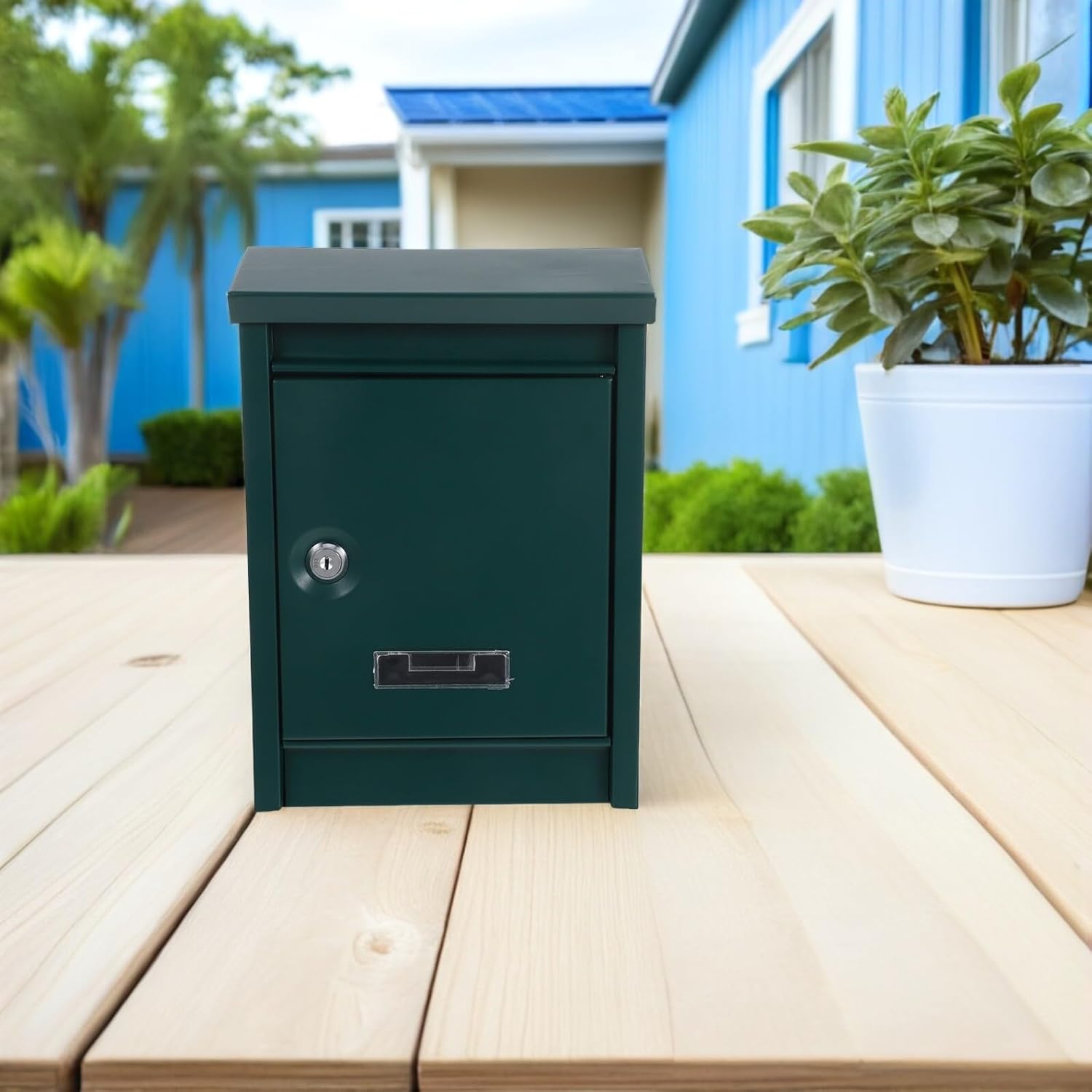 Cabilock Wall Mount Mailbox with Key Lock, Lockable Outdoor Mail Container, Security Hanging Mail Holder for Home and Office, Dark Green Waterproof Metal Post Container 11.91 X 8.45 X 3.54