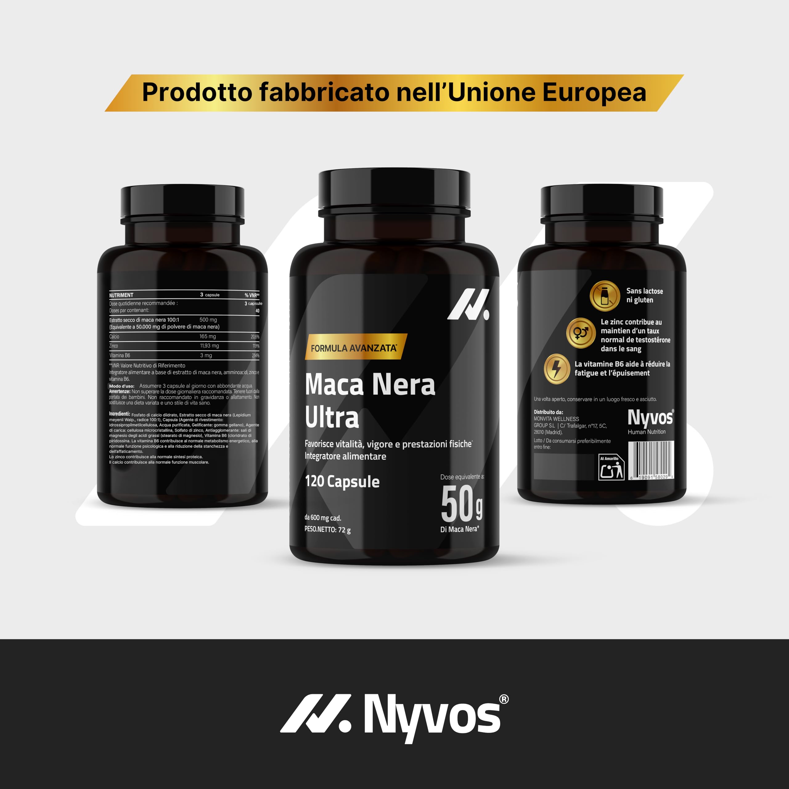 Maca Nera Extra Forte 50.000 mg 100:1 – Integratore per Uomo con Maca Peruviana, Zinco e Vitamina B6 – Energia e Vitalità – Testosterone Support – 120 Capsule – Nyvos
