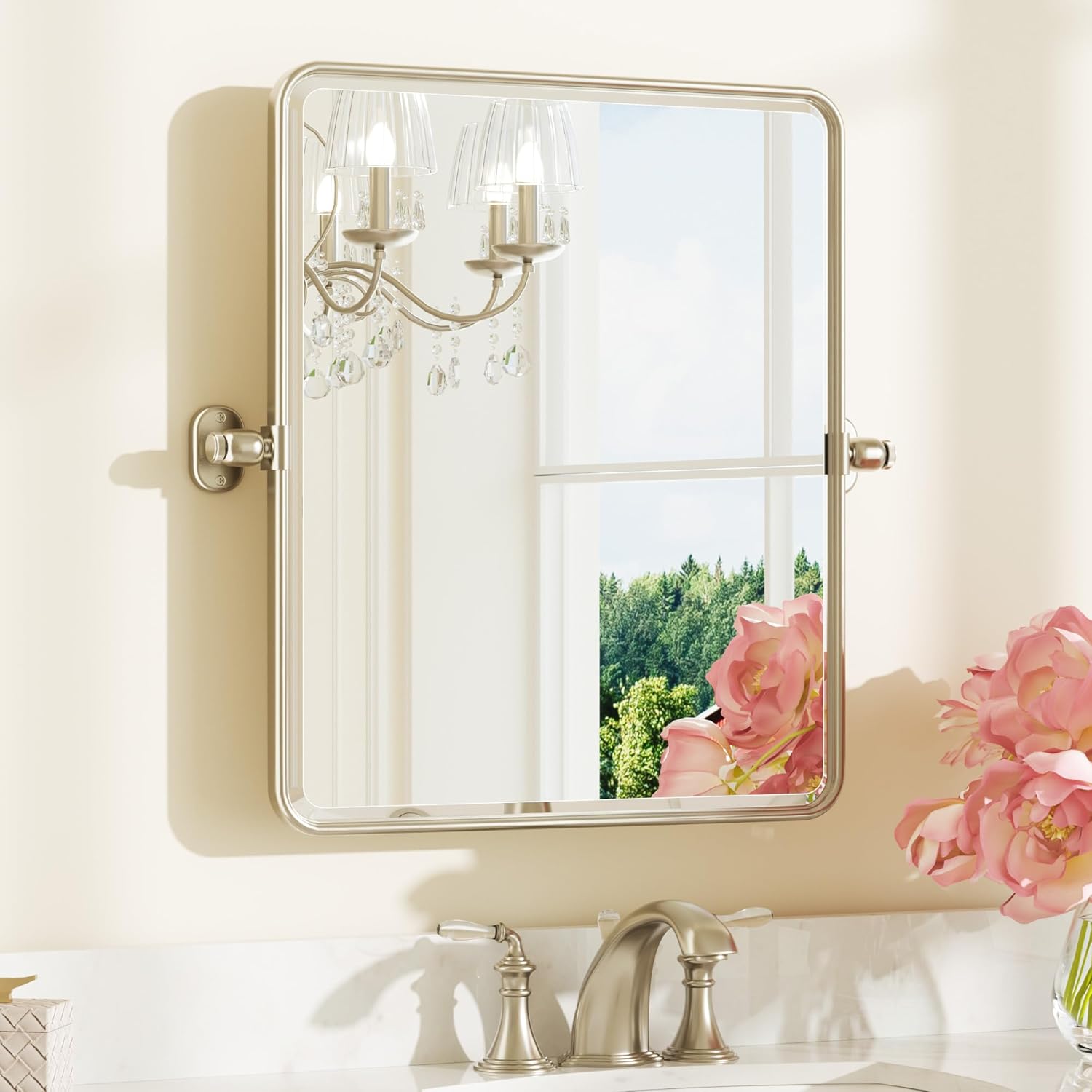 Keonjinn Brushed Nickel Pivot Mirror Bathroom, 20"x24" Tilt Mirror Bathrooms for Over Sink, Silver Rounded Corner Beveled Bathroom Mirror, Modern Metal Framed Vanity Mirrors (Horizontal/Vertical) Brushed Nickel 24"L x 20"W