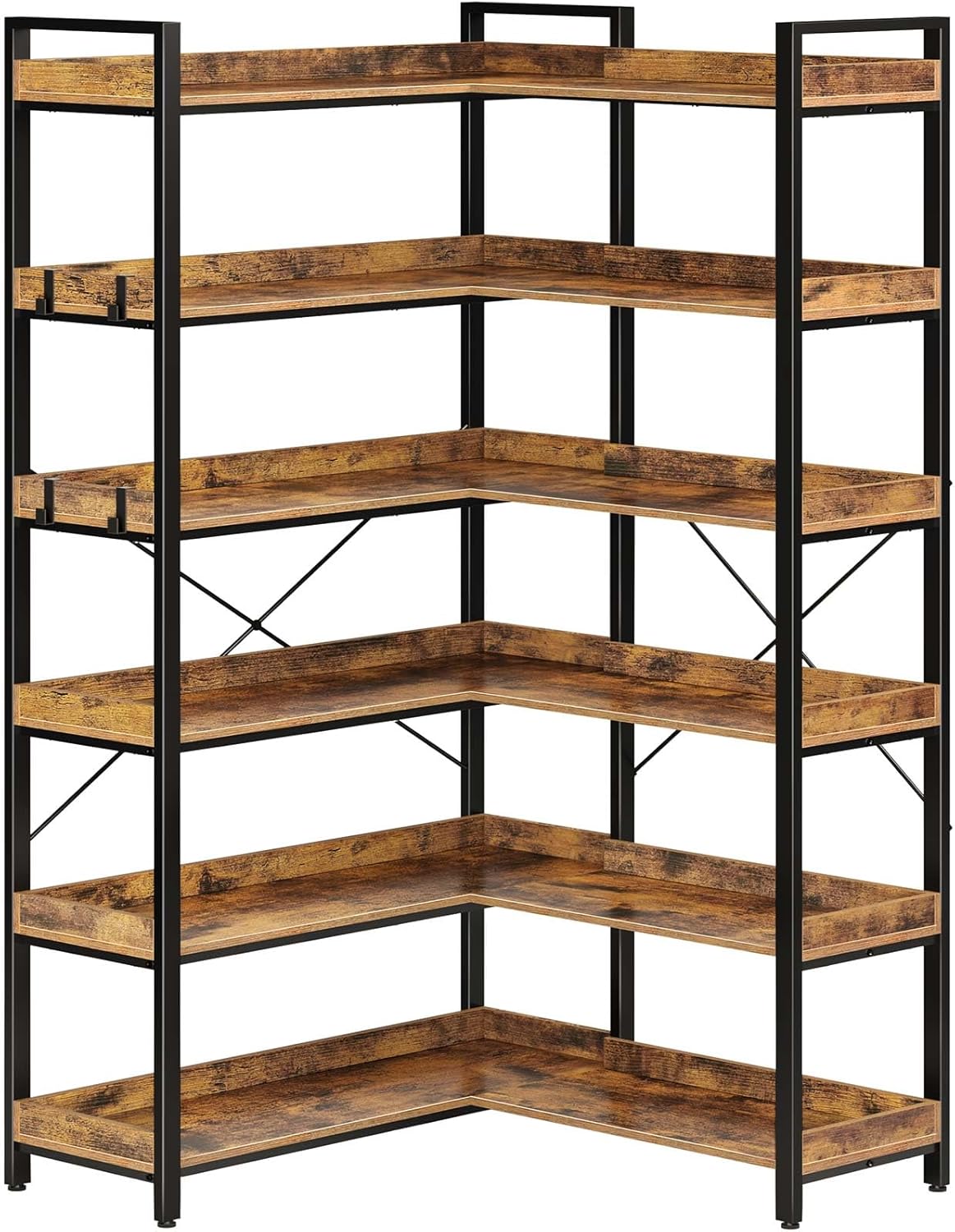 Rolanstar Bookshelf 6 Tier with 4 Hooks, Reversible Corner Bookshelf, 69" Industrial Wooden Bookcase with Open Shelves and Metal Frame for Living Room, Bedroom, Home Office, Rustic Brown Rustic Brown 6 Tier