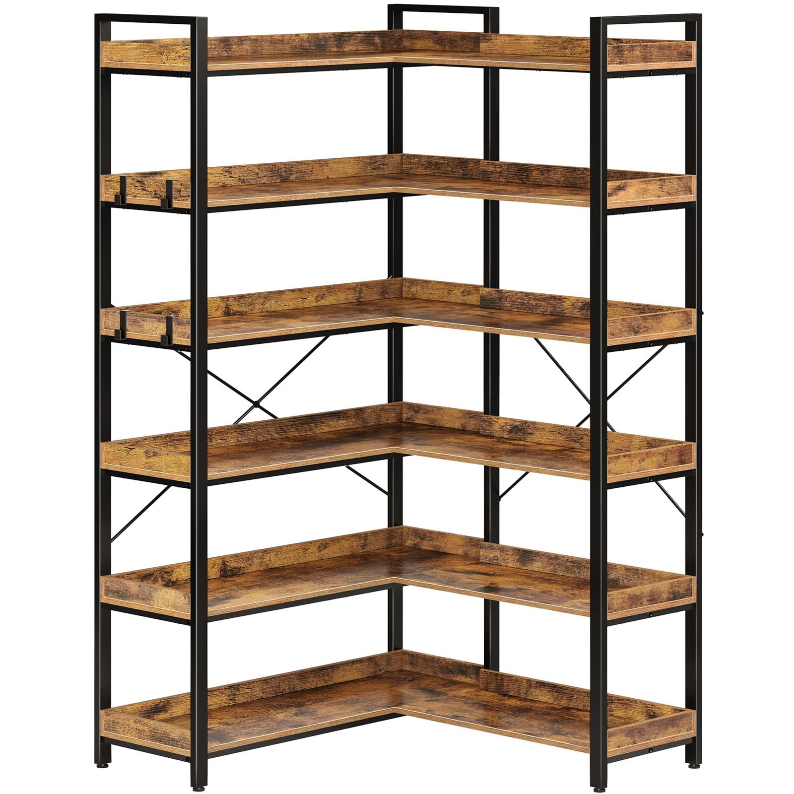 Rolanstar Bookshelf 6 Tier with 4 Hooks, Reversible Corner Bookshelf, 69" Industrial Wooden Bookcase with Open Shelves and Metal Frame for Living Room, Bedroom, Home Office, Rustic Brown