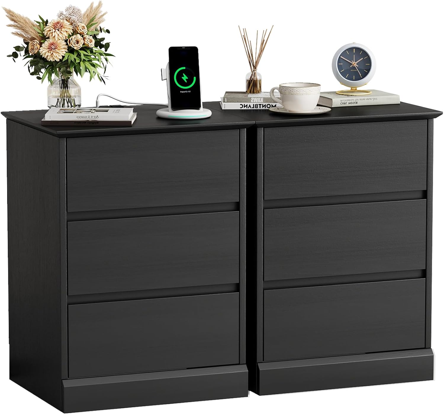 2 pcs Nightstand with Charging Station, Side Table with 3 Drawers, Wooden Bedside Table with Type C, USB Ports and Outlets for Bedroom, Black