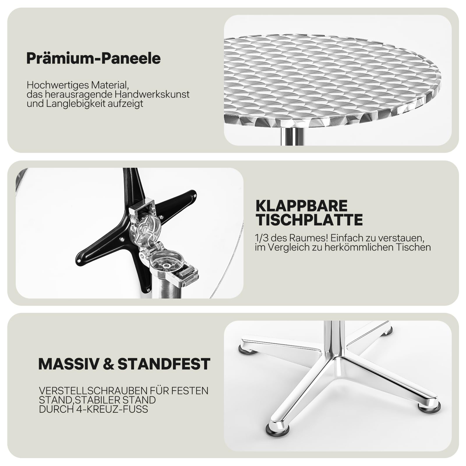 3-in-1 Stehtisch,Bistrotisch-klappbarer Barkeeper Tisch-60 cm Durchmesser-3 Höhen: 49,5cm/74cm/114cm-Edelstahl für zu Hause,Garten,Restaurant-Outdoor-Stehtisch,Bar Table,Party-Tisch-Silber