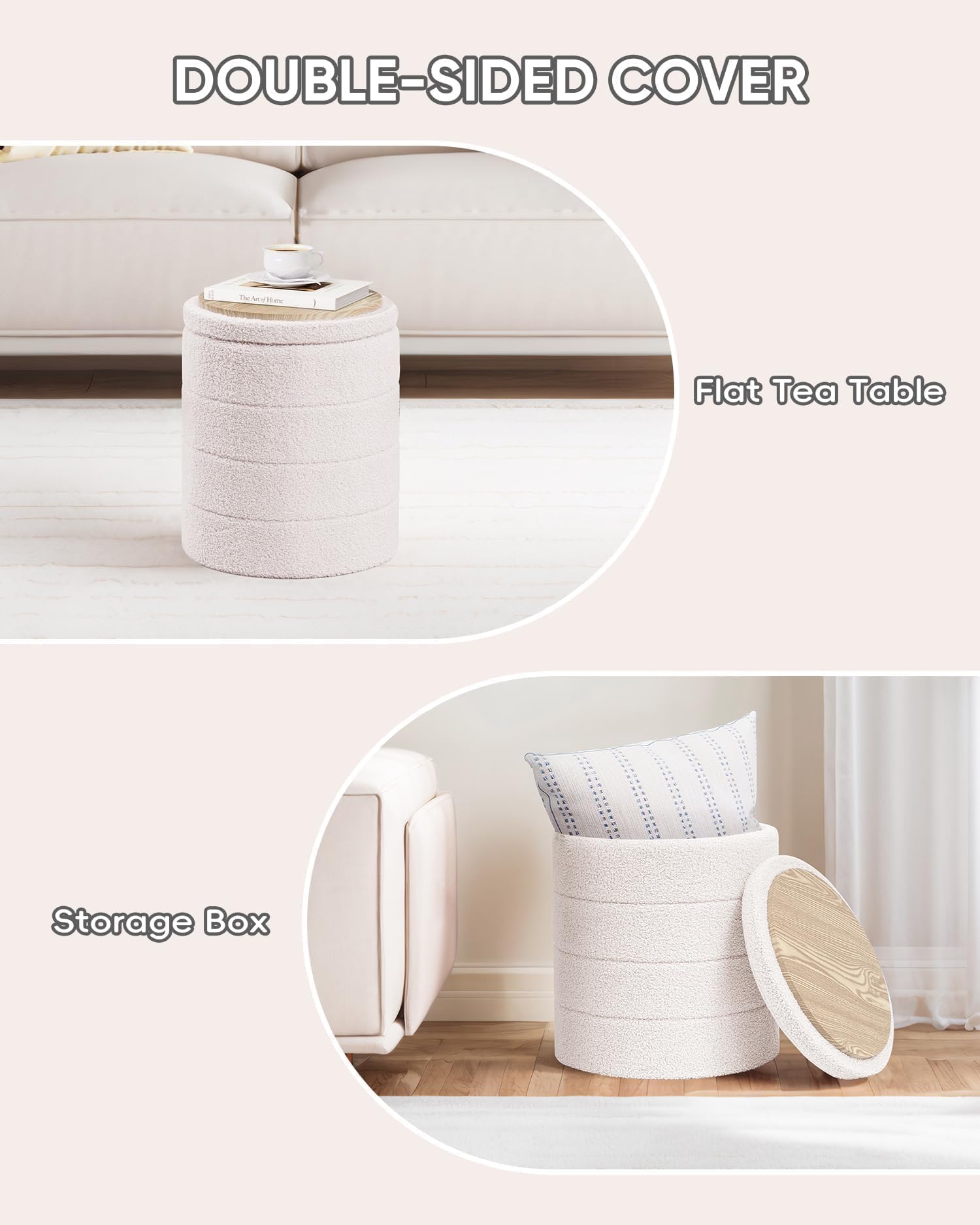 PINPLUS Sgabello Pouf Contenitore, Cassapanca Rotondo Ottomano con Contenitore, Pieghevole Poggiapiedi in Teddy 37x37x45 cm, per Soggiorno, Camera da Letto e Corridoio, Bianco
