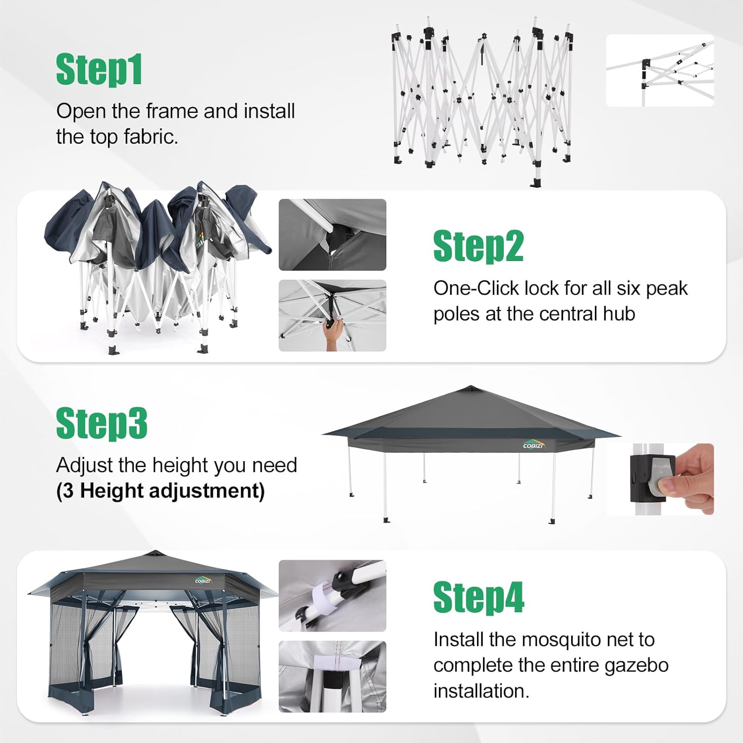 COBIZI 13x13 Pop Up Gazebo Tent with Mosquito Netting, Gazebos on Clearance, Hexagonal Outdoor Canopy Shelter, Patented Center Lock 6-Sided Portable Gazebos, Pop Up Canopy Tent for Backyard, Gray