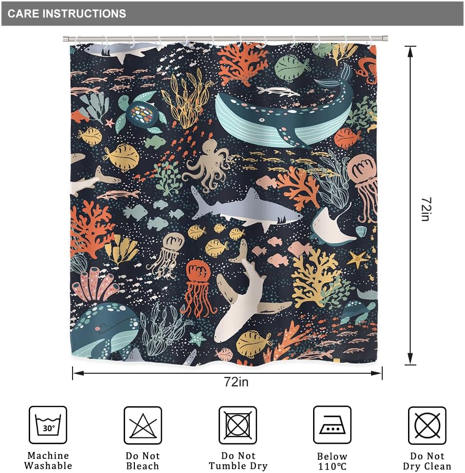 Riyidecor Kids Shark Fish 4Pcs Bathroom Shower Curtain Sets Blue Ocean Whale Sea Animals Bathroom Decor Set with Rugs and Accessories Funny Cartoon Toilet Lid Rug, Contour and Bath Mat with 12 Hooks