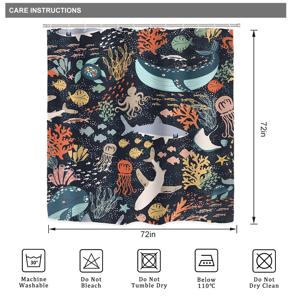 Riyidecor Juego de 4 cortinas de ducha para niños, diseño de pez tiburón, ballena azul del océano, animales marinos, juego de decoración de baño con alfombras y accesorios, alfombra de tapa de inodoro