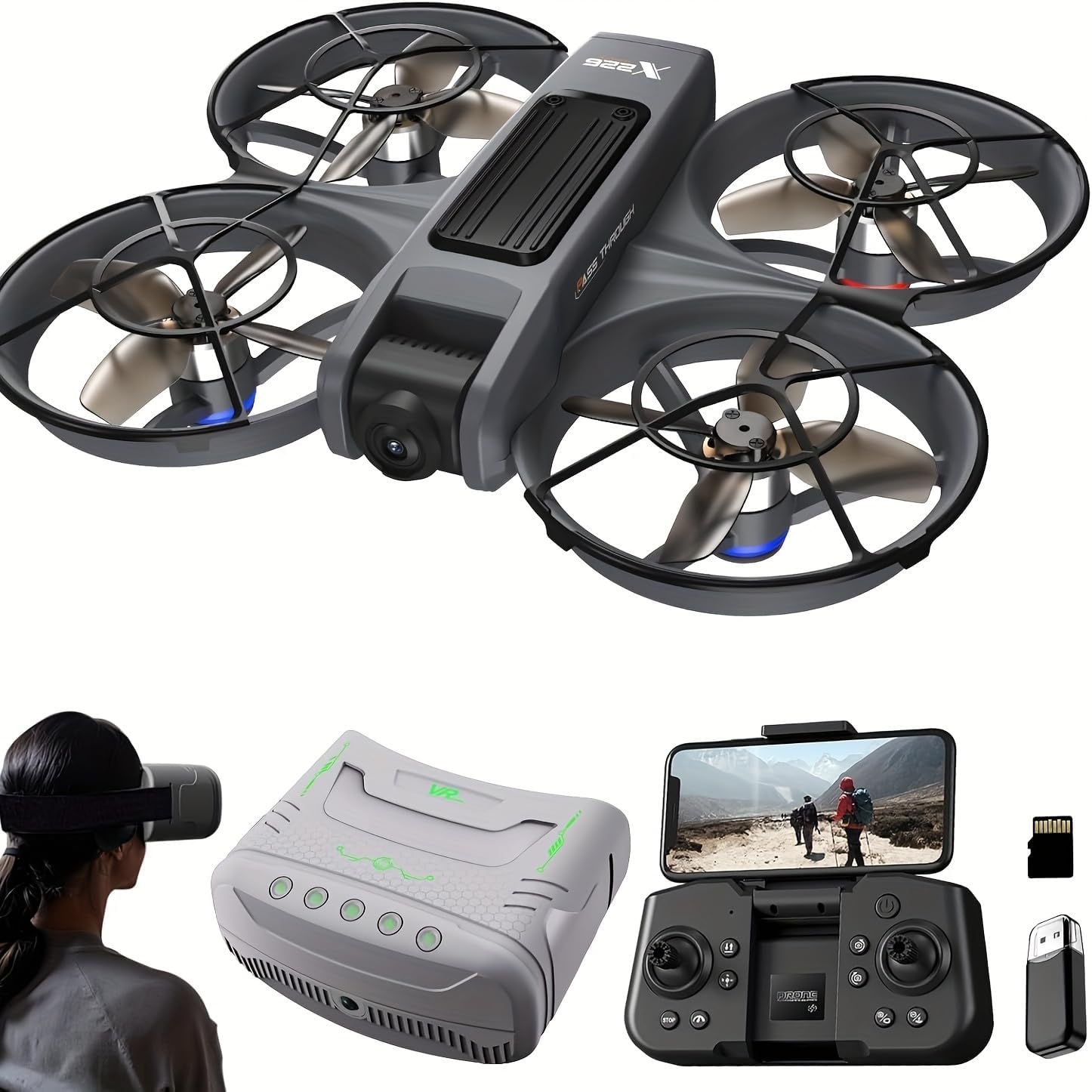 FPV Drone with Camera and VR Glasses, Brushless Motor, 360° Flip, Headless Mode, Speed Control, Dual Camera Switch RC Quadcopter 2 Batteries VR Drones for Beginners Adults X226 Drone