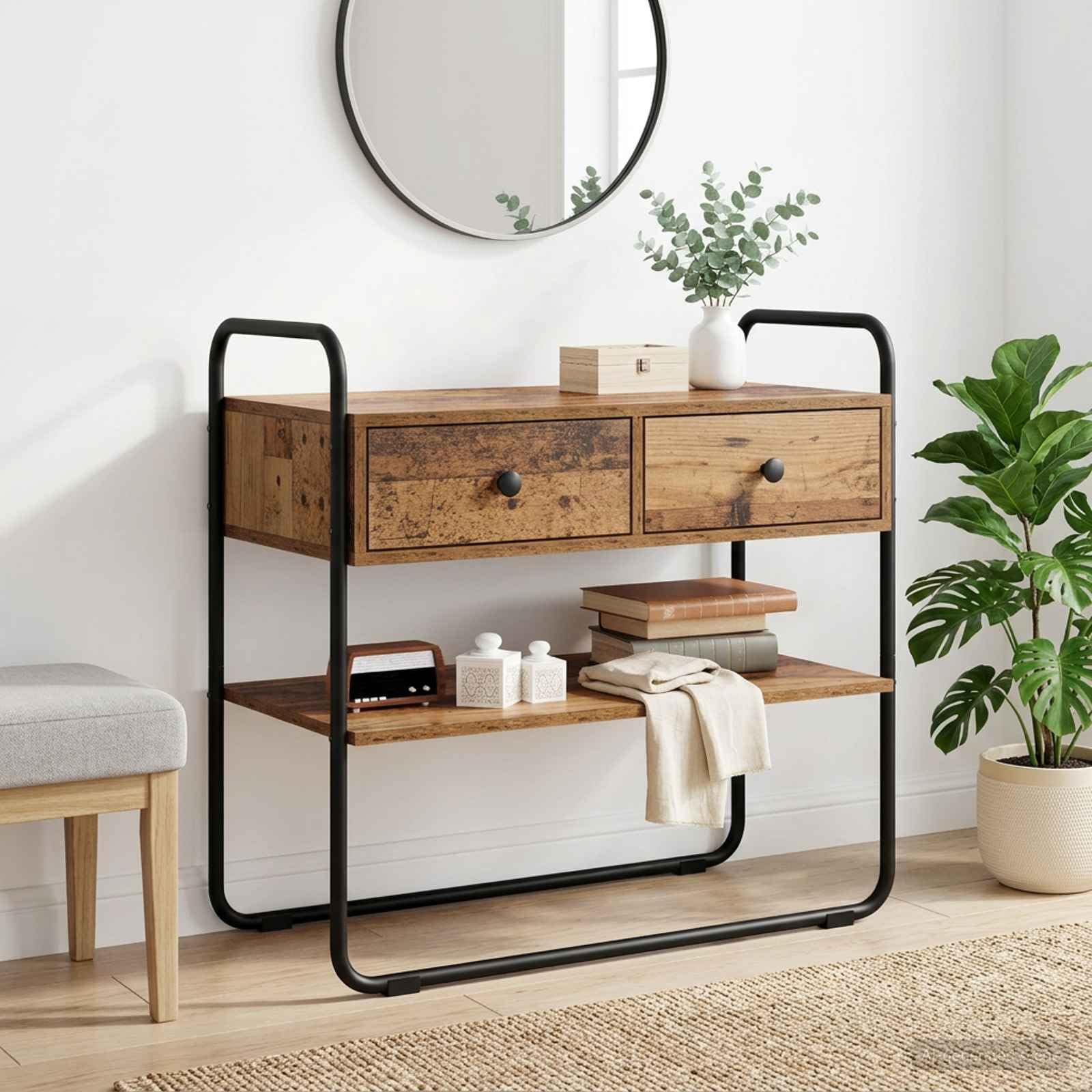 Stolik konsolowy z drewna starego drewna 100 x 40 x 75 cm, materiał drewnopochodny z półką i szufladami, stabilny stelaż z ocynkowanej stali, idealny jako stół do korytarza, stolik ścienny