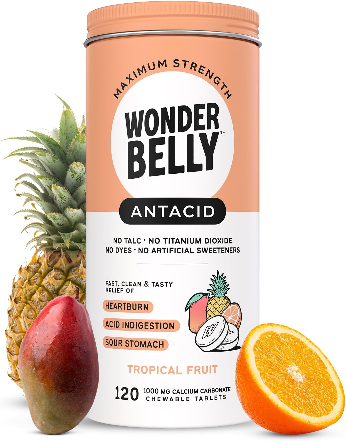 Wonderbelly Antacid, Effective Heartburn and Instant Acid Indigestion Relief, Extra Strength Chewable Tablets, 1000 mg Calcium Carbonate, No Talc or Dye, Tropical Fruit, 120 Count