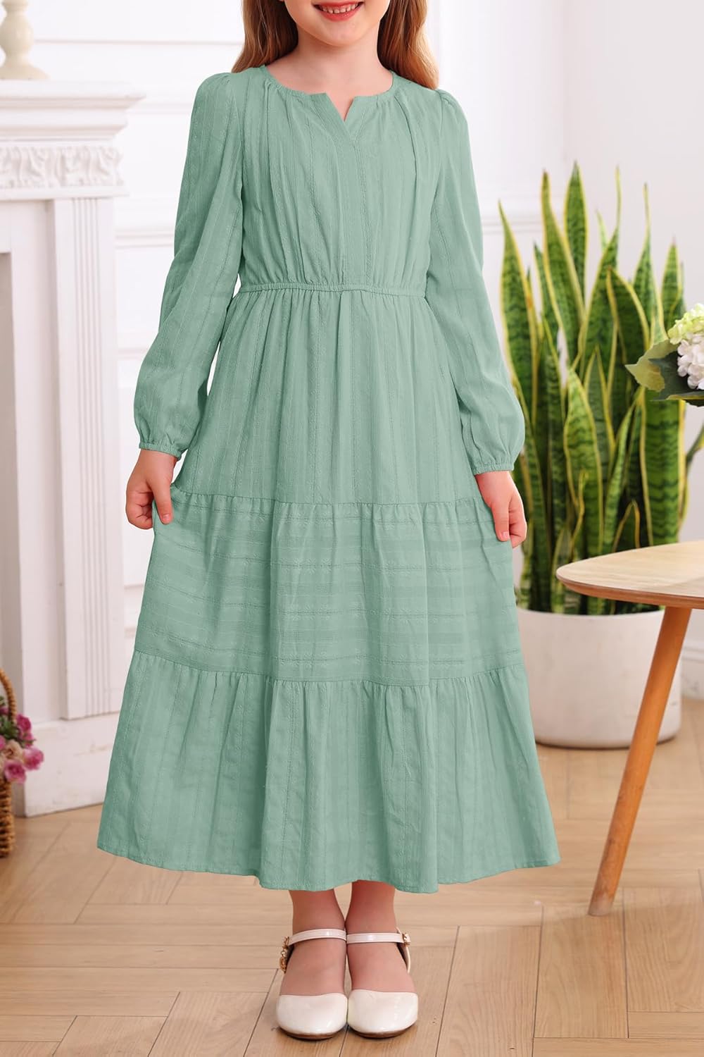 HOSIKA Girls Long Sleeve Dress V Neck Elastic Waist Tiered Flowy A-line Fall Maxi Dresses with Pockets for 6-12 Y - Image 2