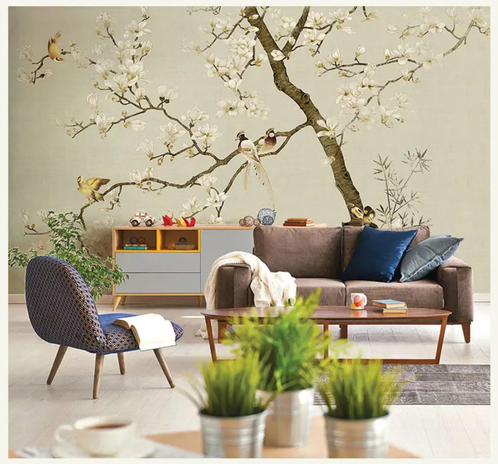 Xlming 430Cm×300Cm(B×H) Retro Simple Hand Drawn Beautiful Magnolia 3D Wallpaper Silky Texture Home Study Office Grey Dining Room Sofa Bedroom Living Room Tv Backdrop-430Cm×300Cm