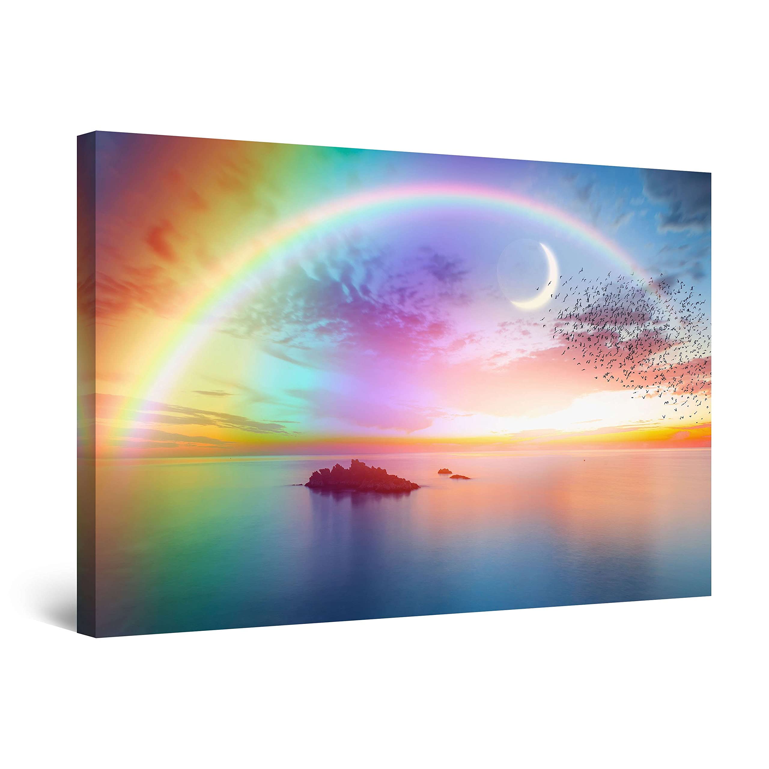 Startonight Canvas Wall Art - Rainbow and Moon - Stretched Print, Modern for Bedroom or Dining Room, Office Unique Luminous Artwork 80 cm x 120 cm Day & Night Effect