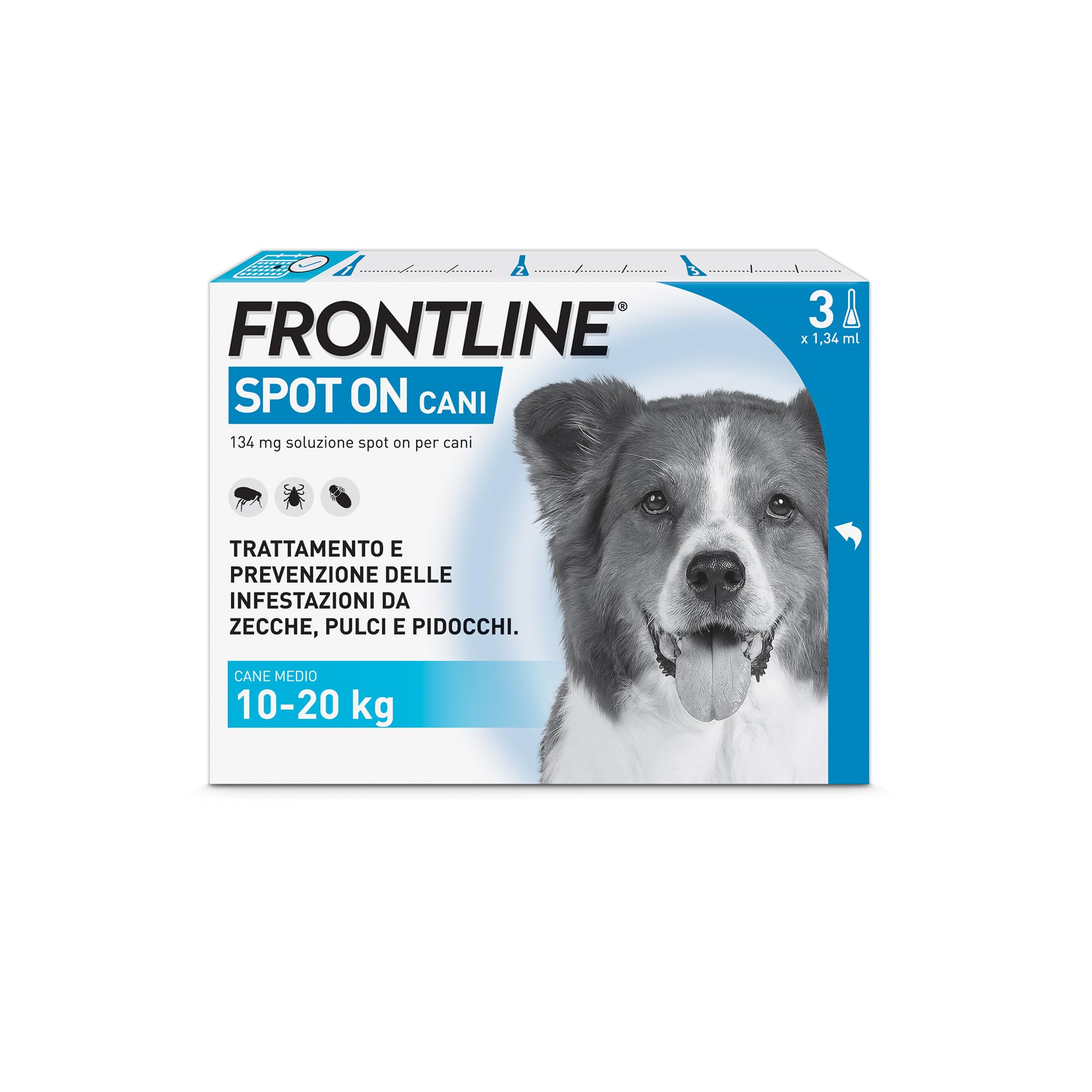 FRONTLINE Spot On, 3 Pipette, Cane Taglia M, 10-20 Kg, Antiparassitario per Cani e Cuccioli di Lunga Durata, Protegge da Zecche, Pulci e Pidocchi, Antipulci in Confezione da 3 Pipette